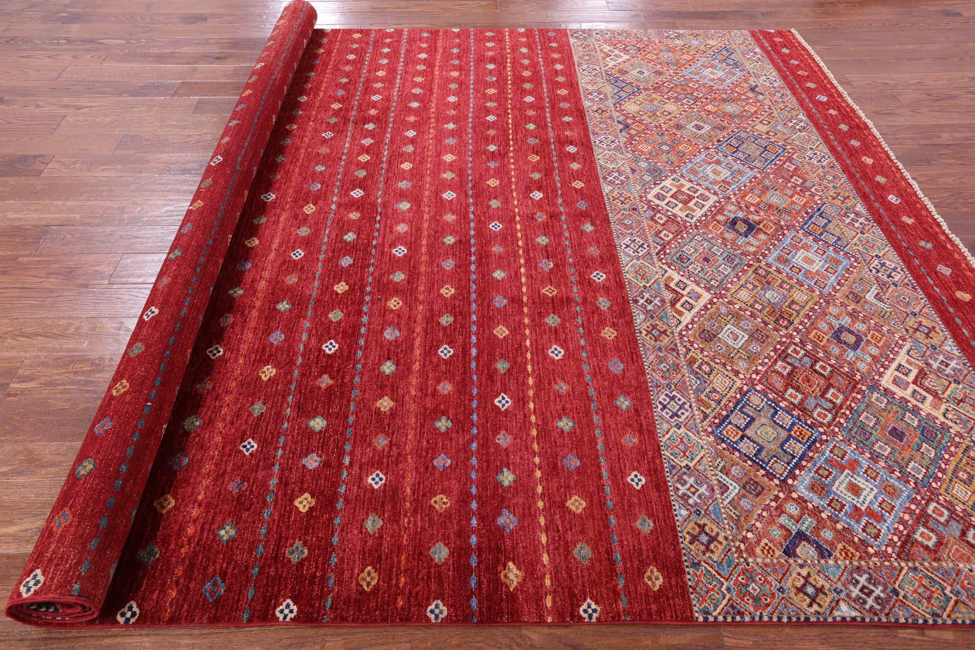 Red Khorjin Persian Gabbeh Hand Knotted Wool Rug - 8' 3" X 11' 4" - Golden Nile