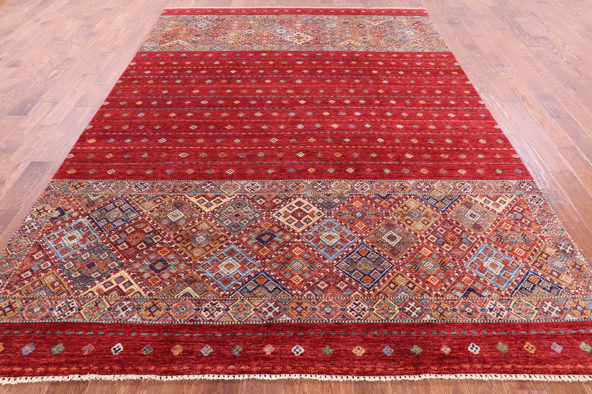 Red Khorjin Persian Gabbeh Hand Knotted Wool Rug - 8' 3" X 11' 4" - Golden Nile