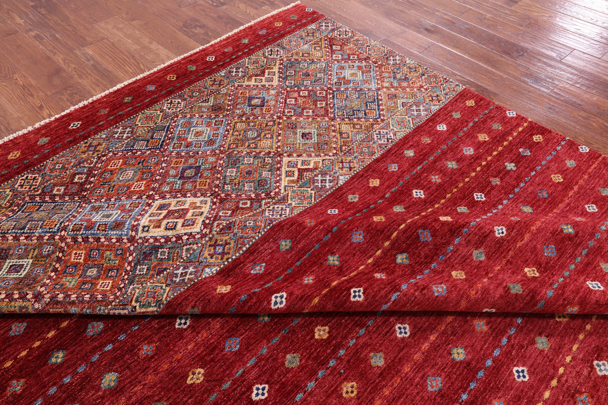 Red Khorjin Persian Gabbeh Hand Knotted Wool Rug - 8' 3" X 11' 4" - Golden Nile
