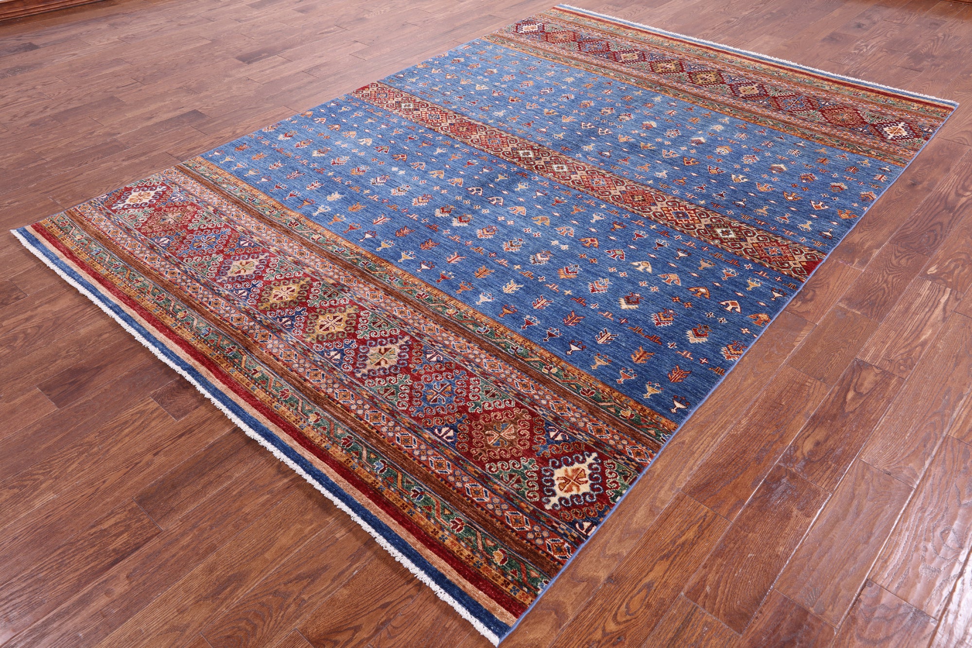 Blue Khorjin Persian Gabbeh Hand Knotted Wool Rug - 6' 9" X 9' 10" - Golden Nile