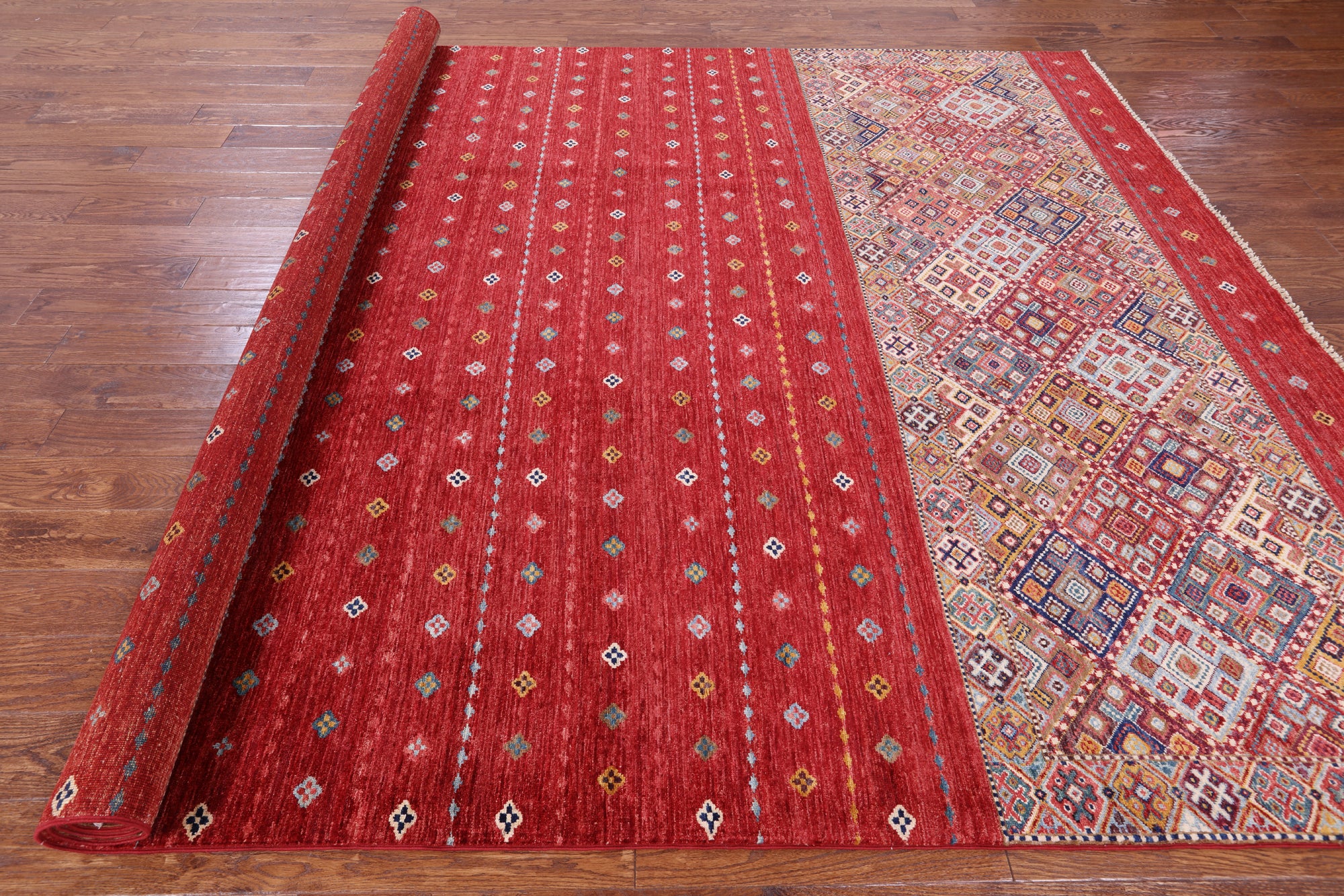 Red Khorjin Persian Gabbeh Hand Knotted Wool Rug - 8' 3" X 11' 9" - Golden Nile