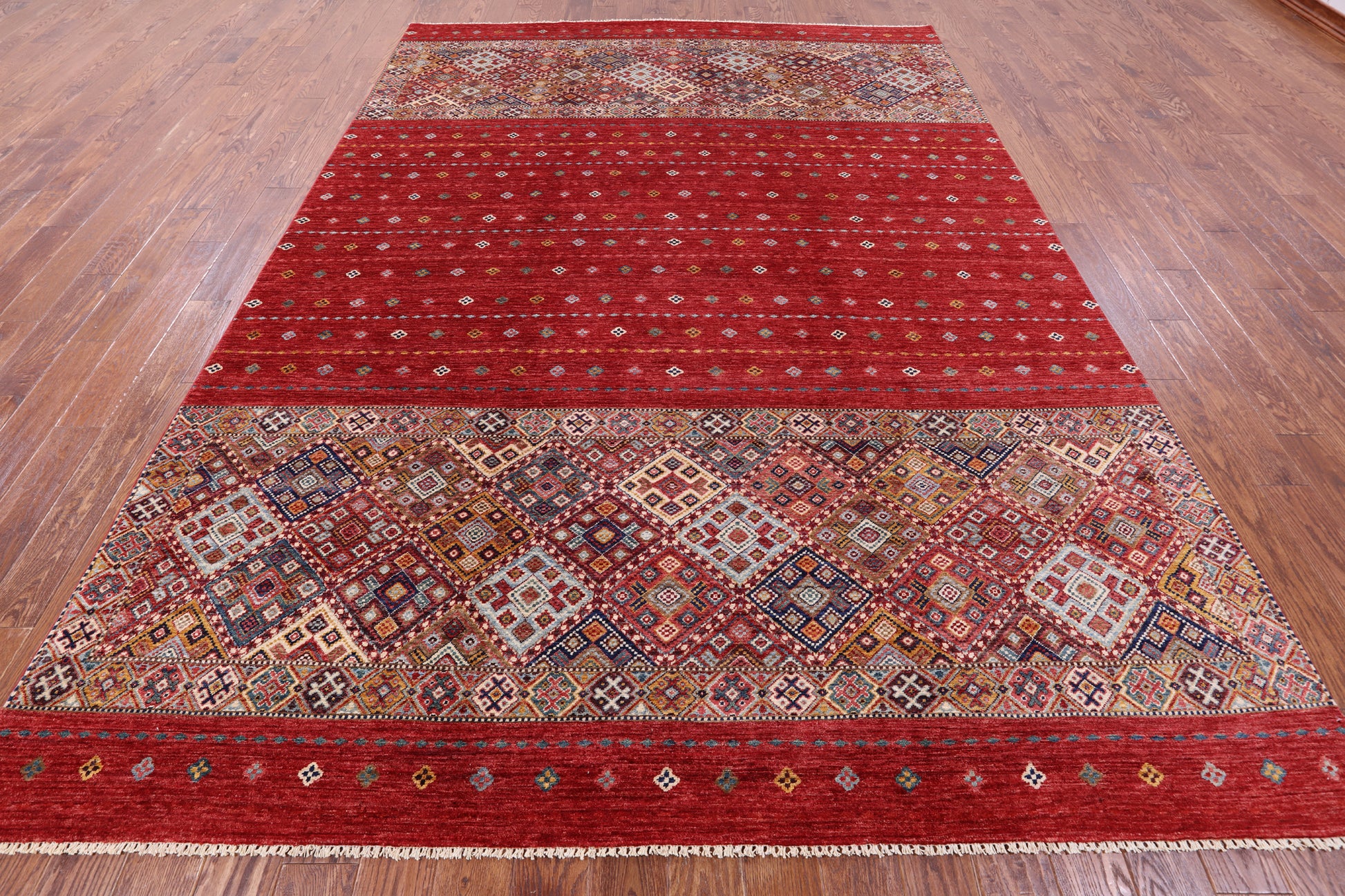 Red Khorjin Persian Gabbeh Hand Knotted Wool Rug - 8' 3" X 11' 9" - Golden Nile