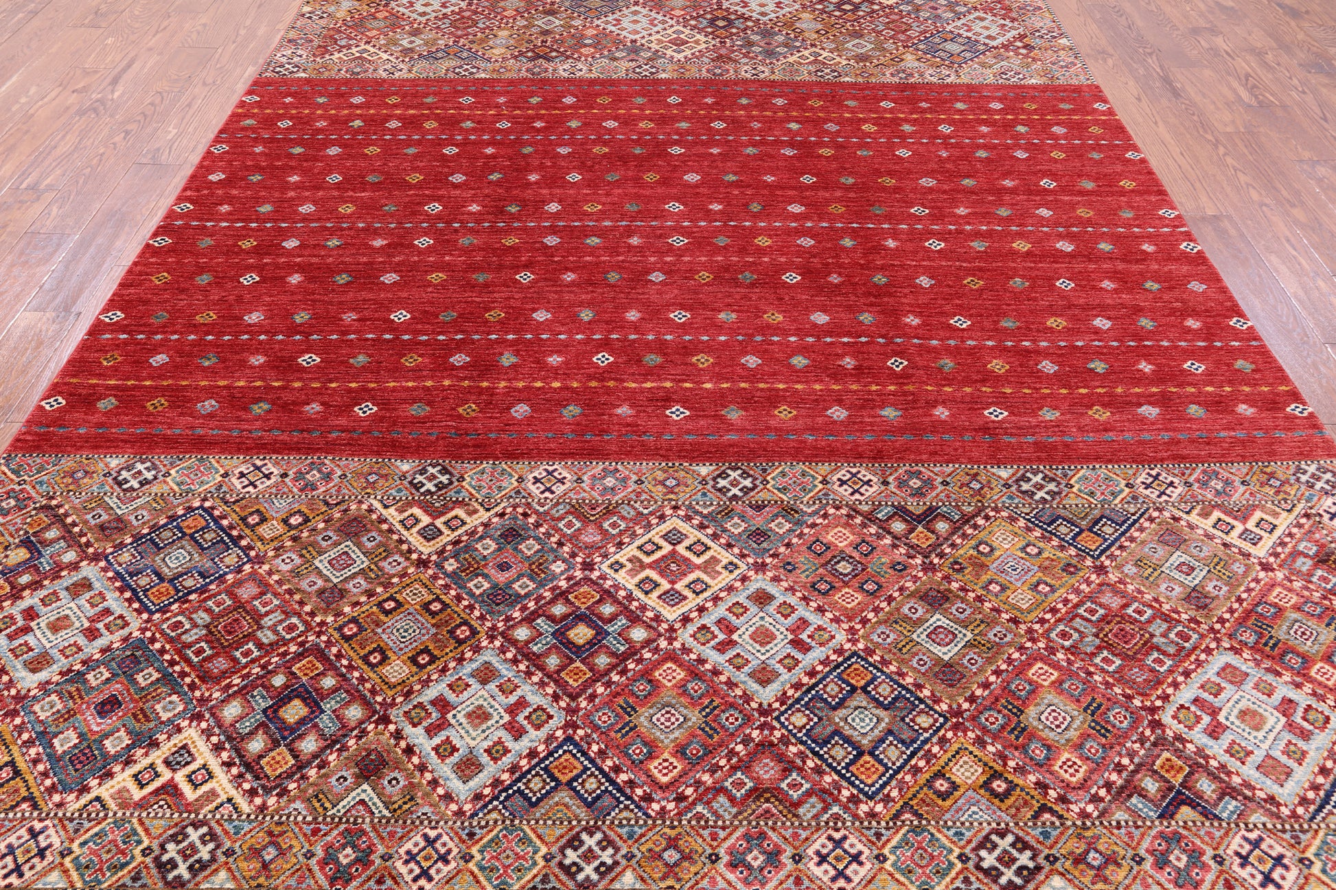 Red Khorjin Persian Gabbeh Hand Knotted Wool Rug - 8' 3" X 11' 9" - Golden Nile