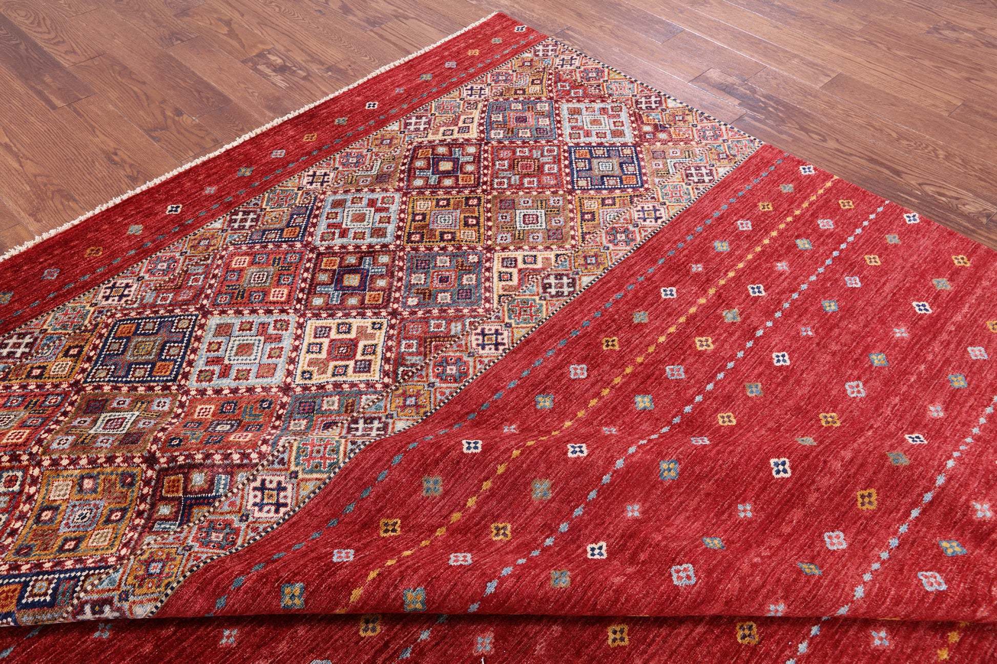 Red Khorjin Persian Gabbeh Hand Knotted Wool Rug - 8' 3" X 11' 9" - Golden Nile