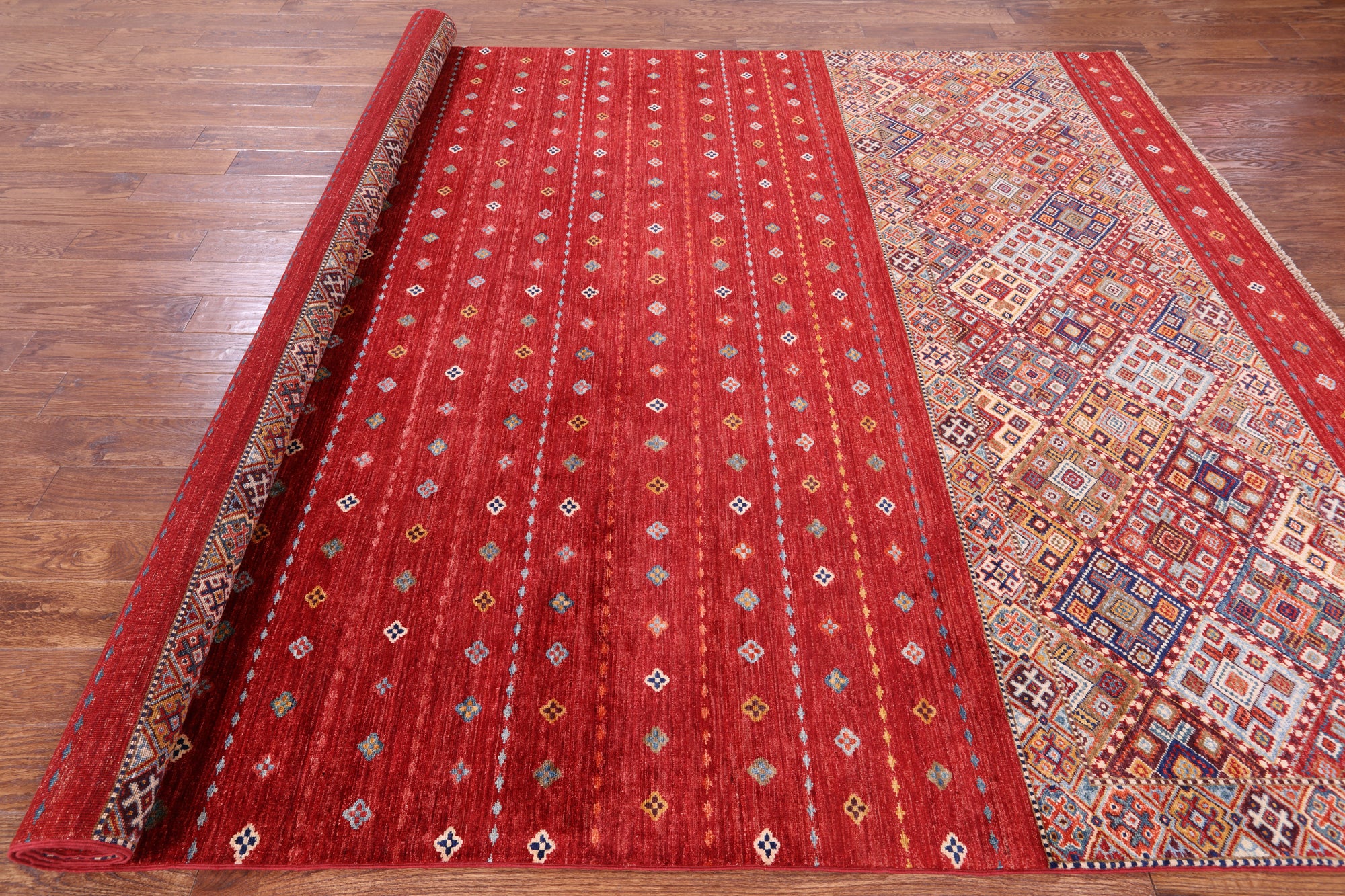 Red Khorjin Persian Gabbeh Hand Knotted Wool Rug - 8' 3" X 11' 7" - Golden Nile