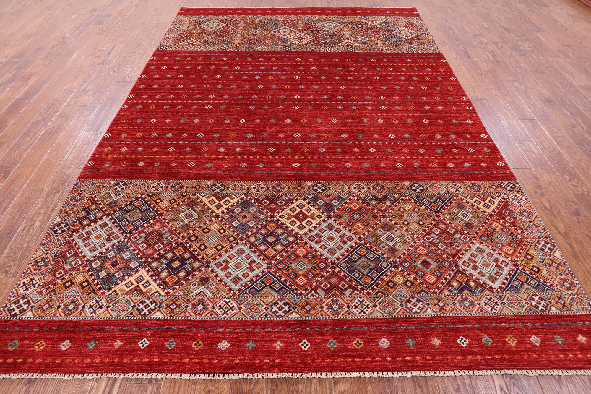 Red Khorjin Persian Gabbeh Hand Knotted Wool Rug - 8' 3" X 11' 7" - Golden Nile