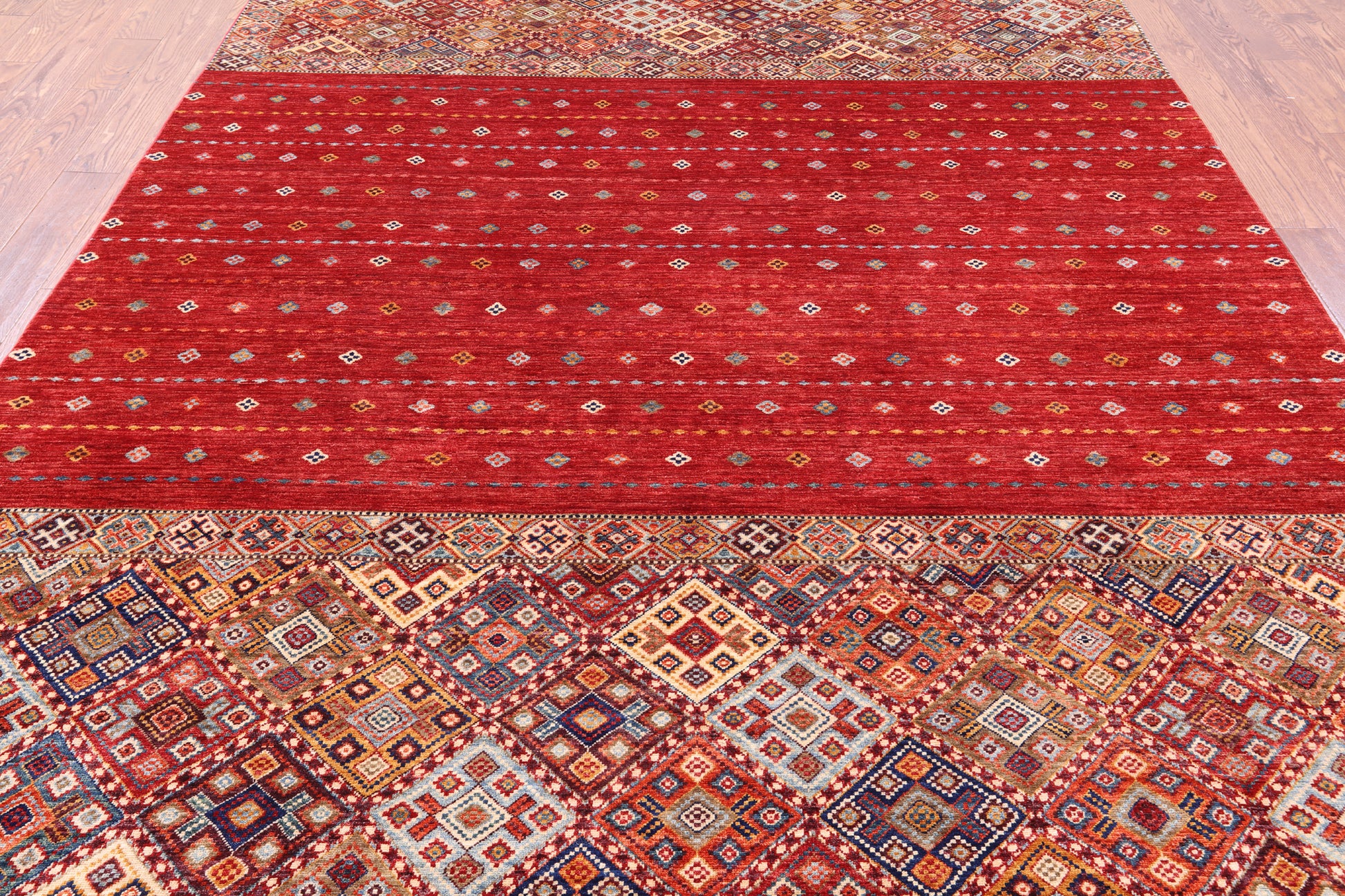 Red Khorjin Persian Gabbeh Hand Knotted Wool Rug - 8' 3" X 11' 7" - Golden Nile