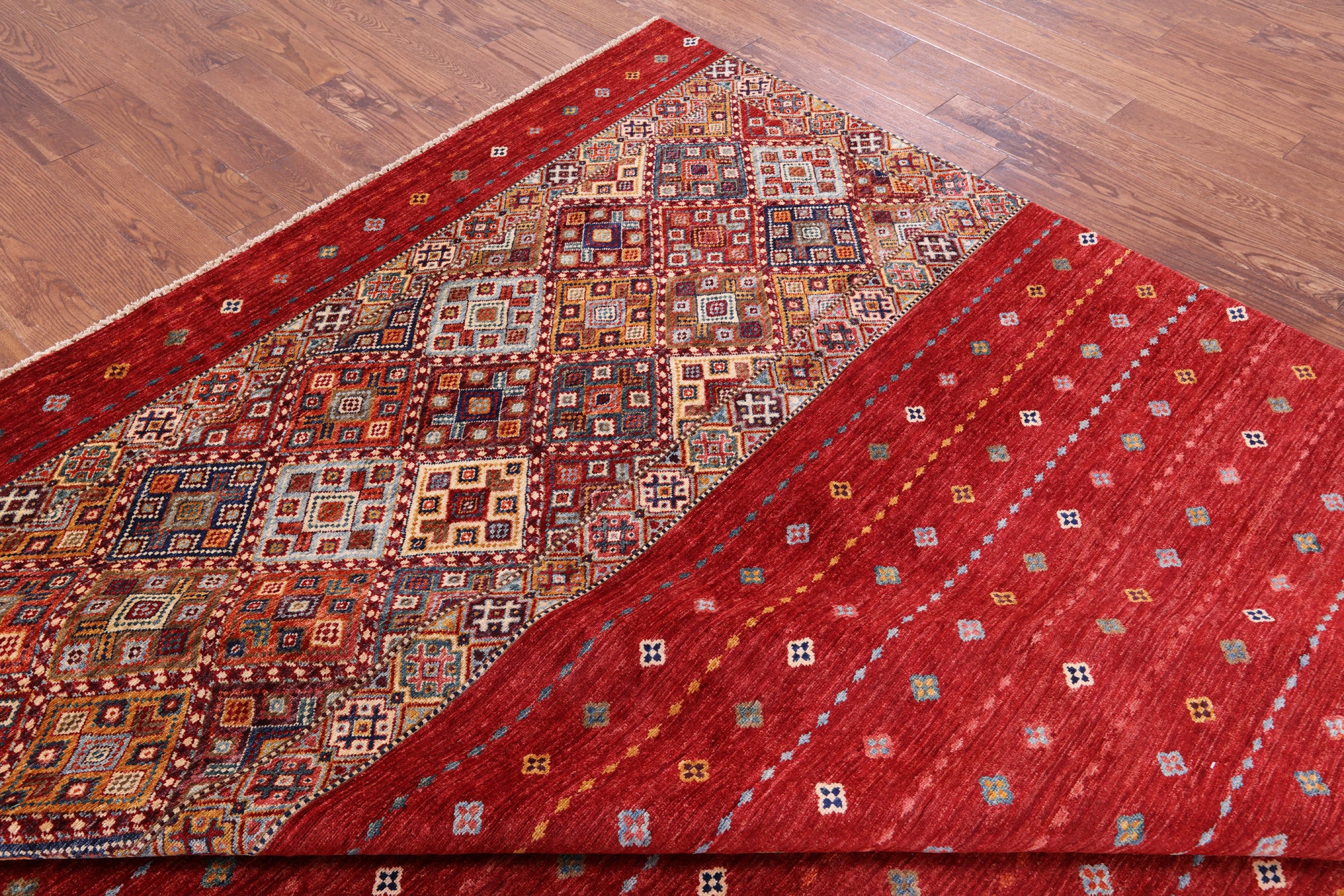 Red Khorjin Persian Gabbeh Hand Knotted Wool Rug - 8' 3" X 11' 7" - Golden Nile