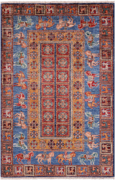 Antiqued Pazyryk Historical Design Handmade Wool Rug - 3' 4" X 4' 11" - Golden Nile