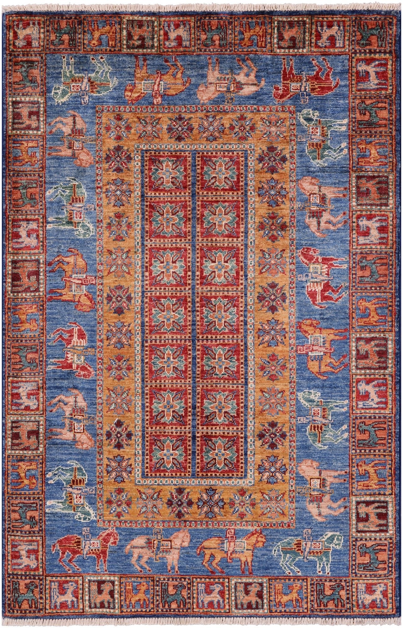 Antiqued Pazyryk Historical Design Handmade Wool Rug - 3' 4" X 4' 11" - Golden Nile