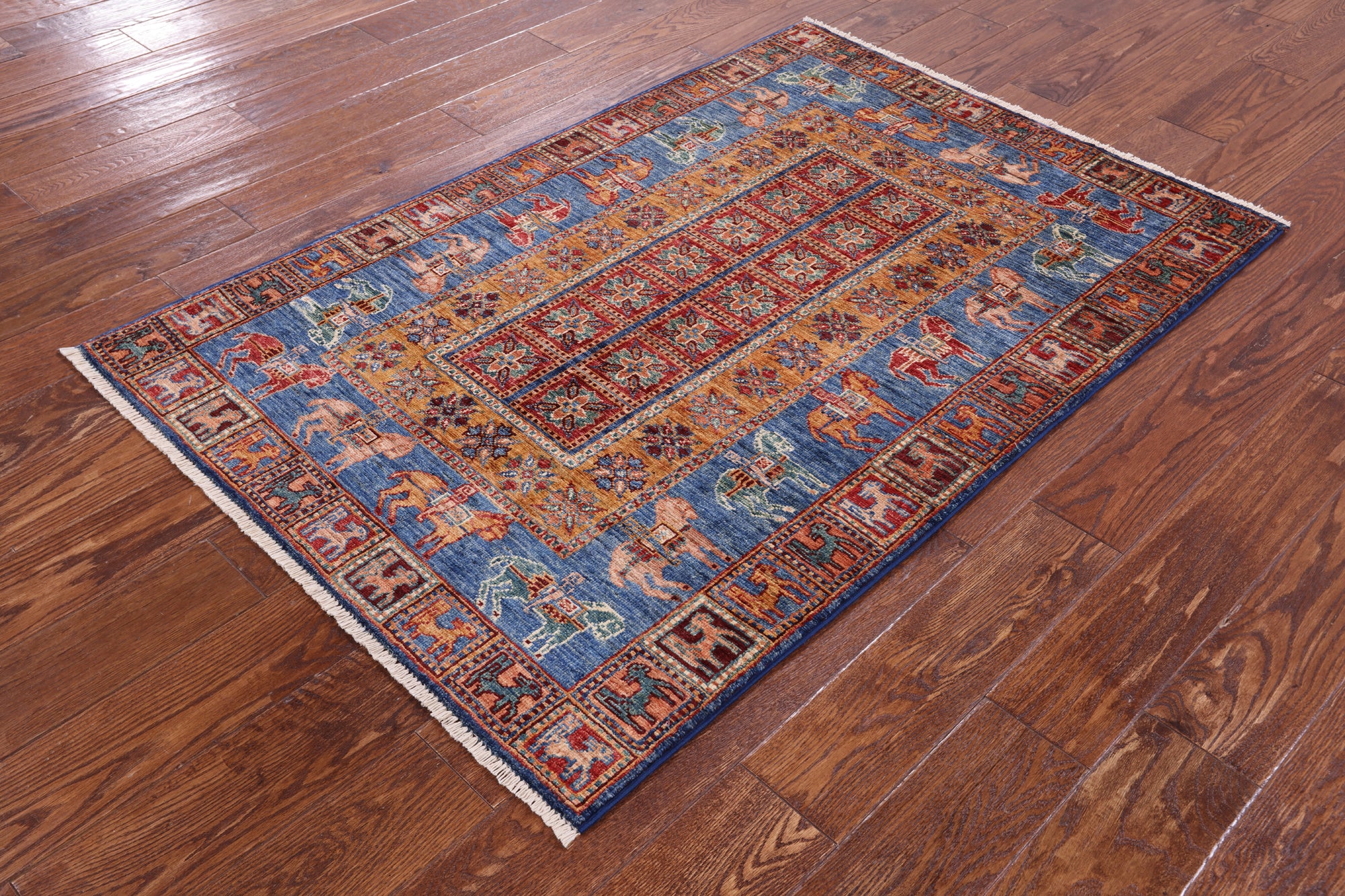 Antiqued Pazyryk Historical Design Handmade Wool Rug - 3' 4" X 4' 11" - Golden Nile