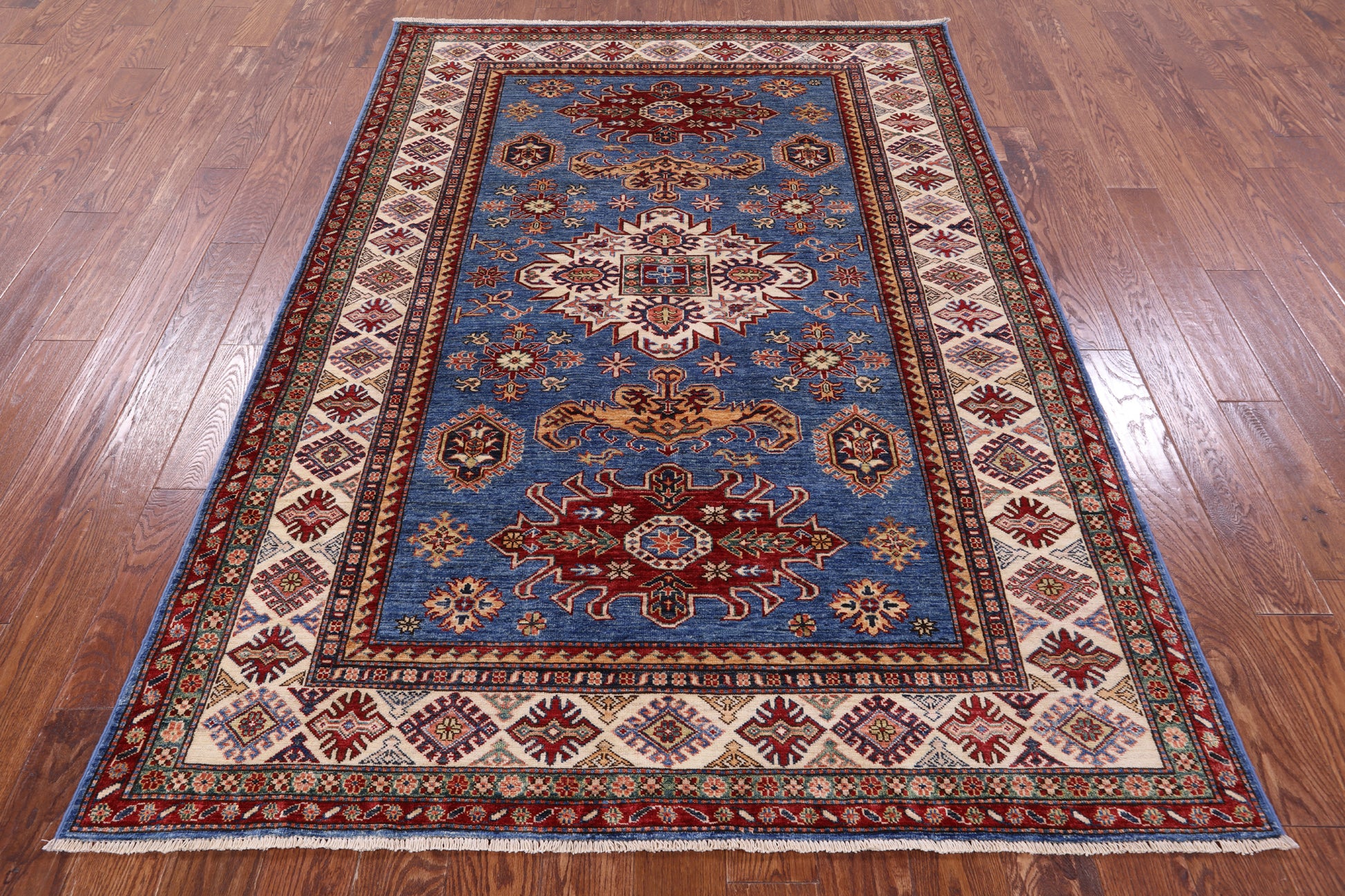 Blue Super Kazak Hand Knotted Wool Rug - 5' 6" X 8' 1" - Golden Nile