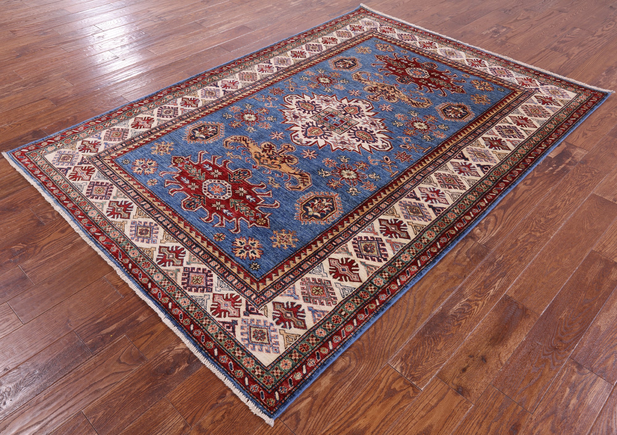 Blue Super Kazak Hand Knotted Wool Rug - 5' 6" X 8' 1" - Golden Nile