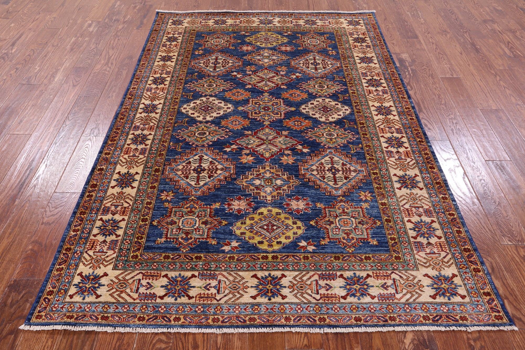 Blue Super Kazak Hand Knotted Wool Rug - 5' 6" X 8' 0" - Golden Nile