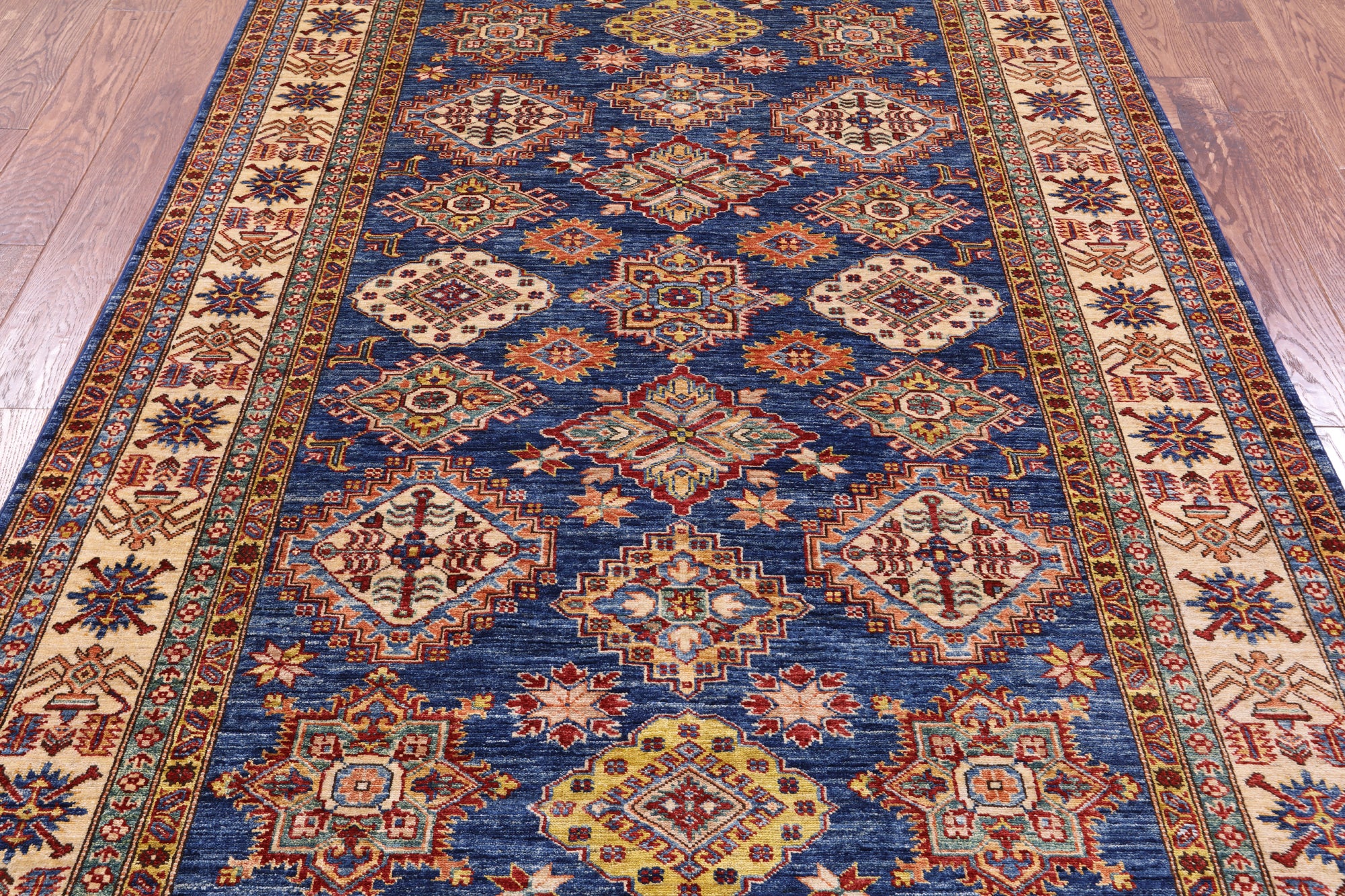 Blue Super Kazak Hand Knotted Wool Rug - 5' 6" X 8' 0" - Golden Nile