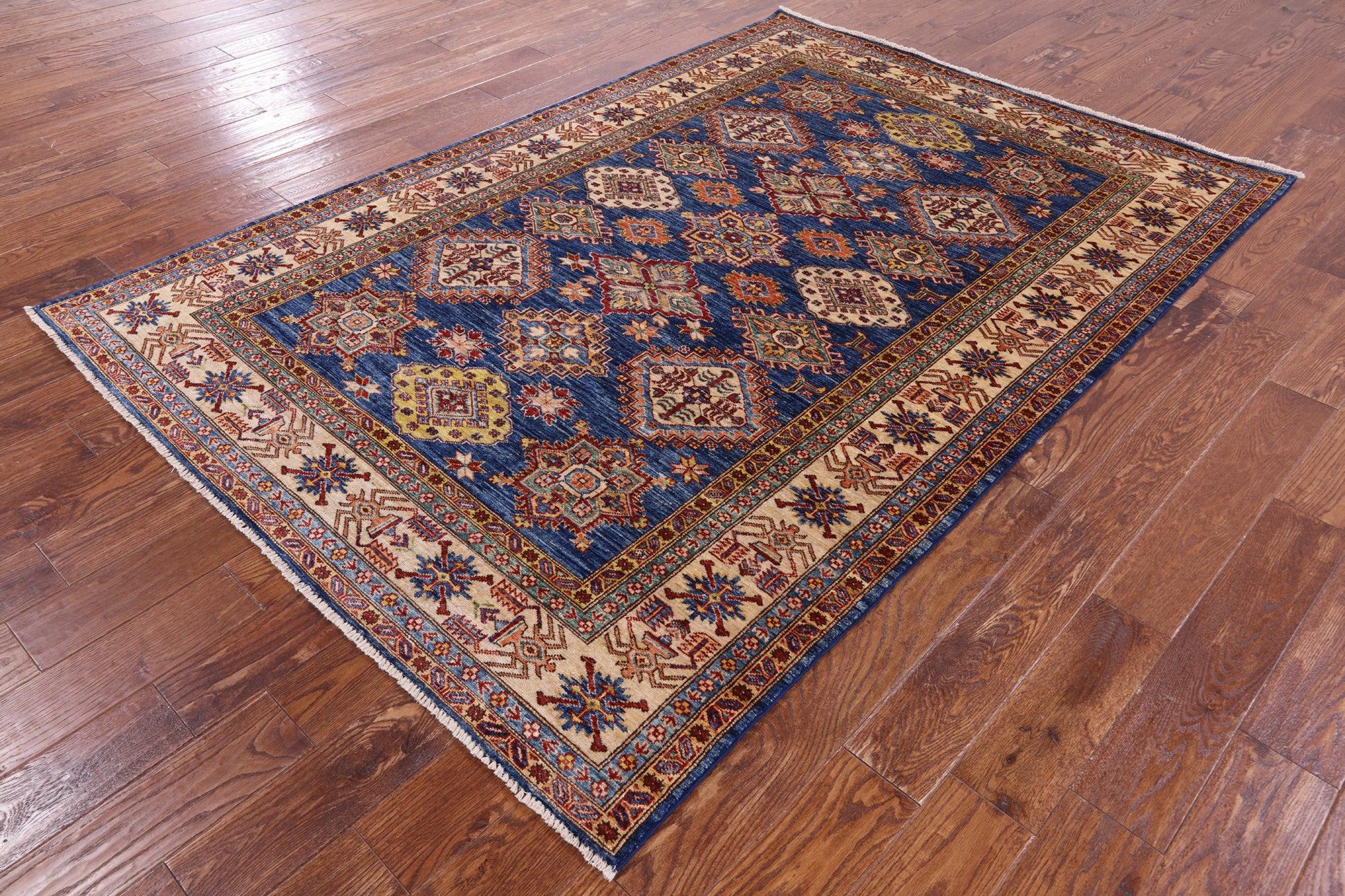 Blue Super Kazak Hand Knotted Wool Rug - 5' 6" X 8' 0" - Golden Nile