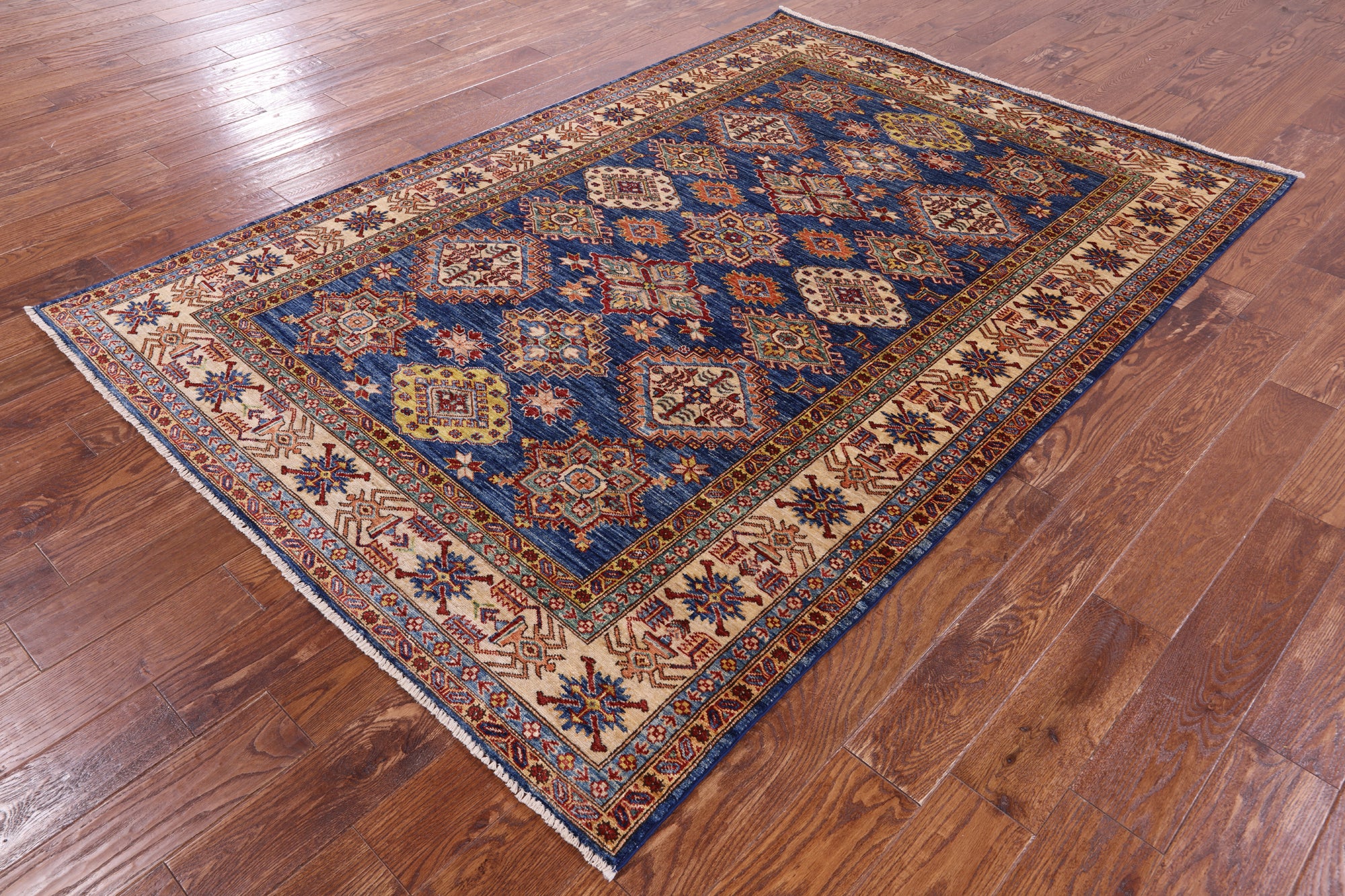 Blue Super Kazak Hand Knotted Wool Rug - 5' 6" X 8' 0" - Golden Nile