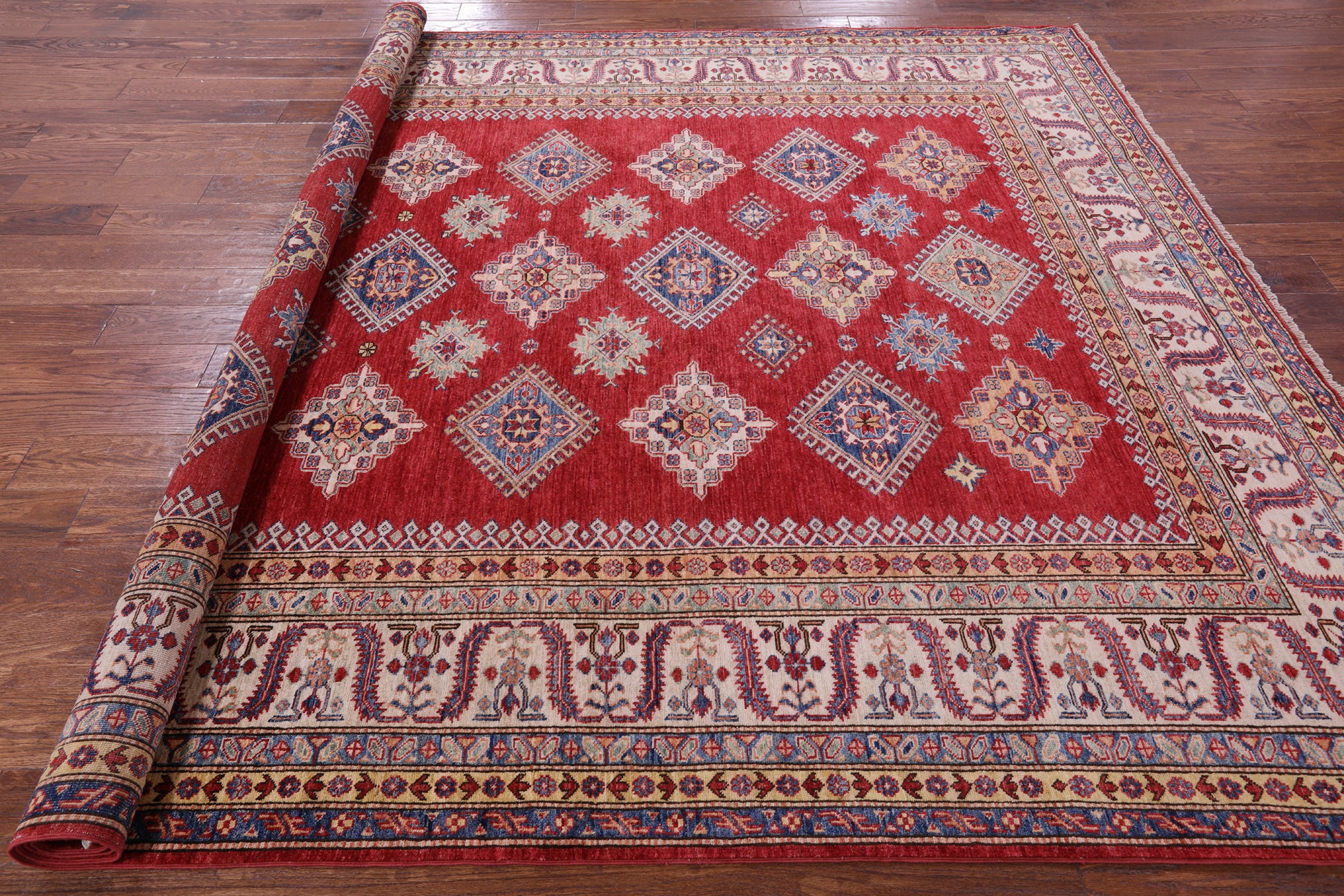 Red Super Kazak Handmade Wool Rug - 8' 1" X 9' 10" - Golden Nile