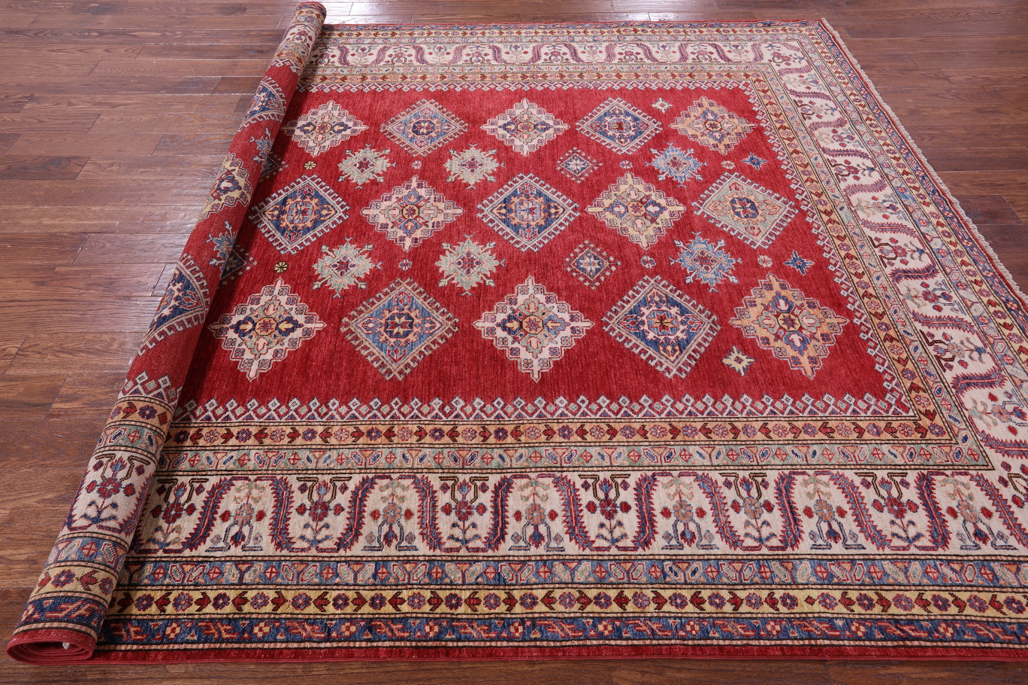 Red Super Kazak Handmade Wool Rug - 8' 1" X 9' 10" - Golden Nile