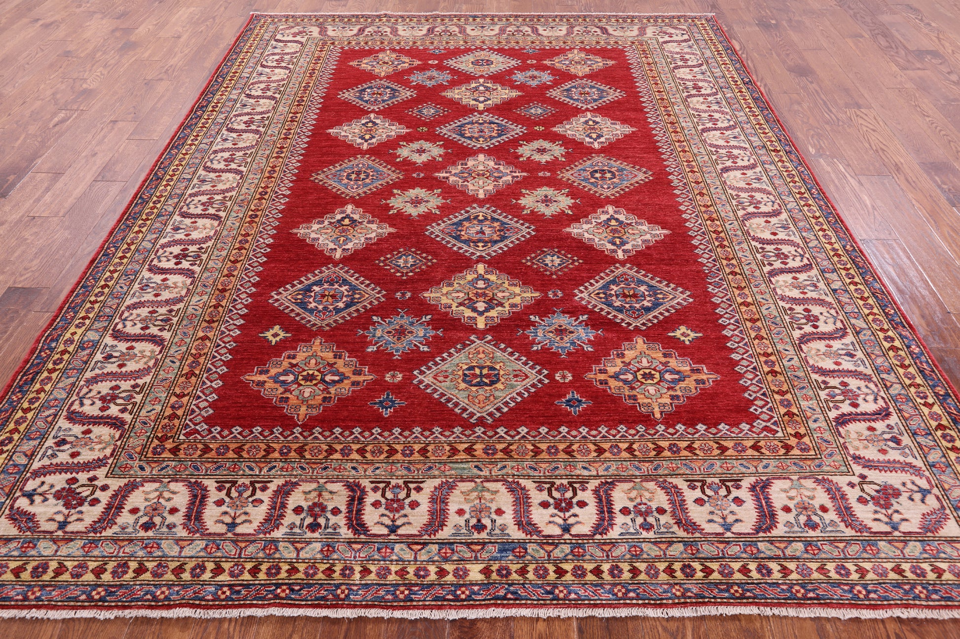 Red Super Kazak Handmade Wool Rug - 8' 1" X 9' 10" - Golden Nile