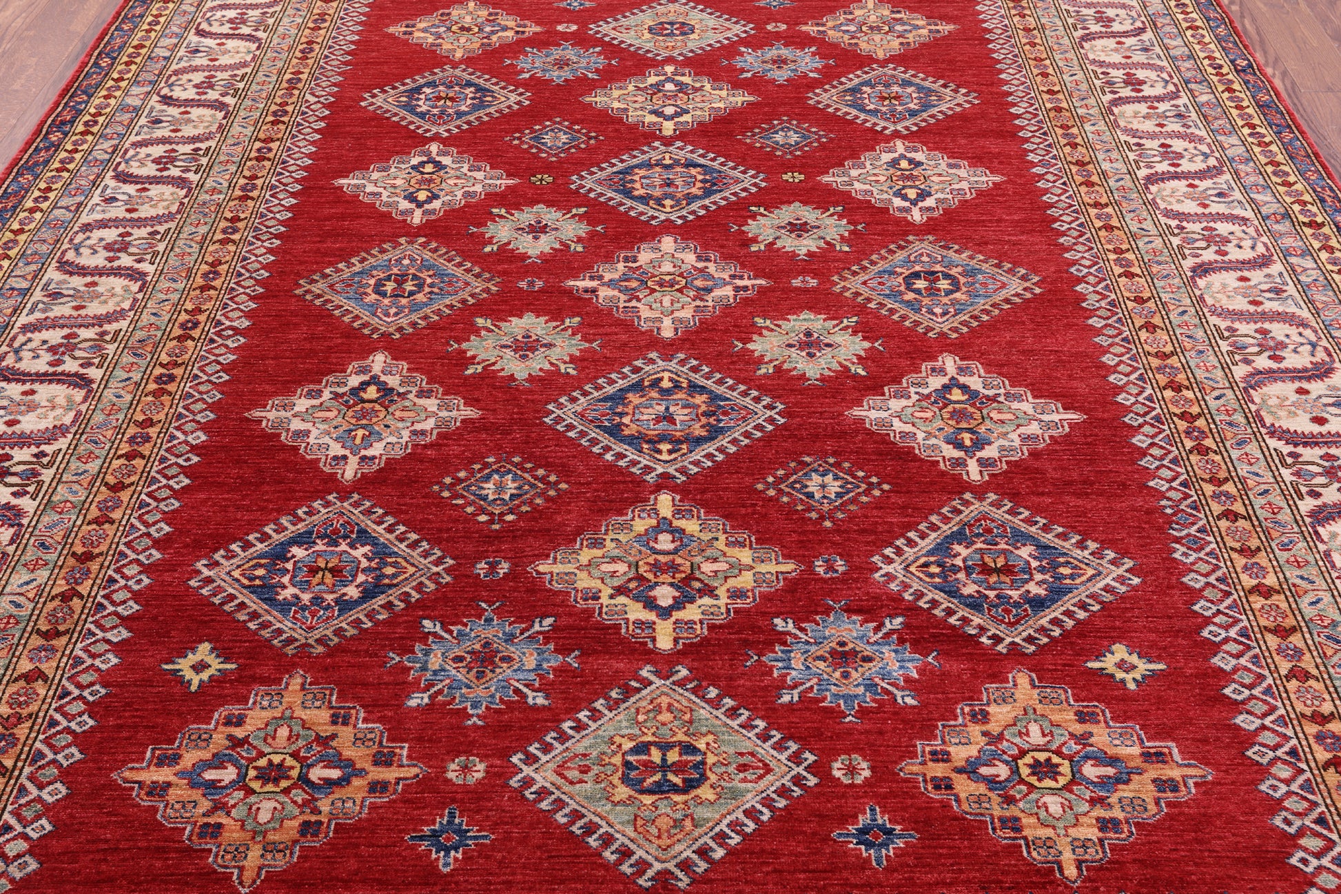 Red Super Kazak Handmade Wool Rug - 8' 1" X 9' 10" - Golden Nile