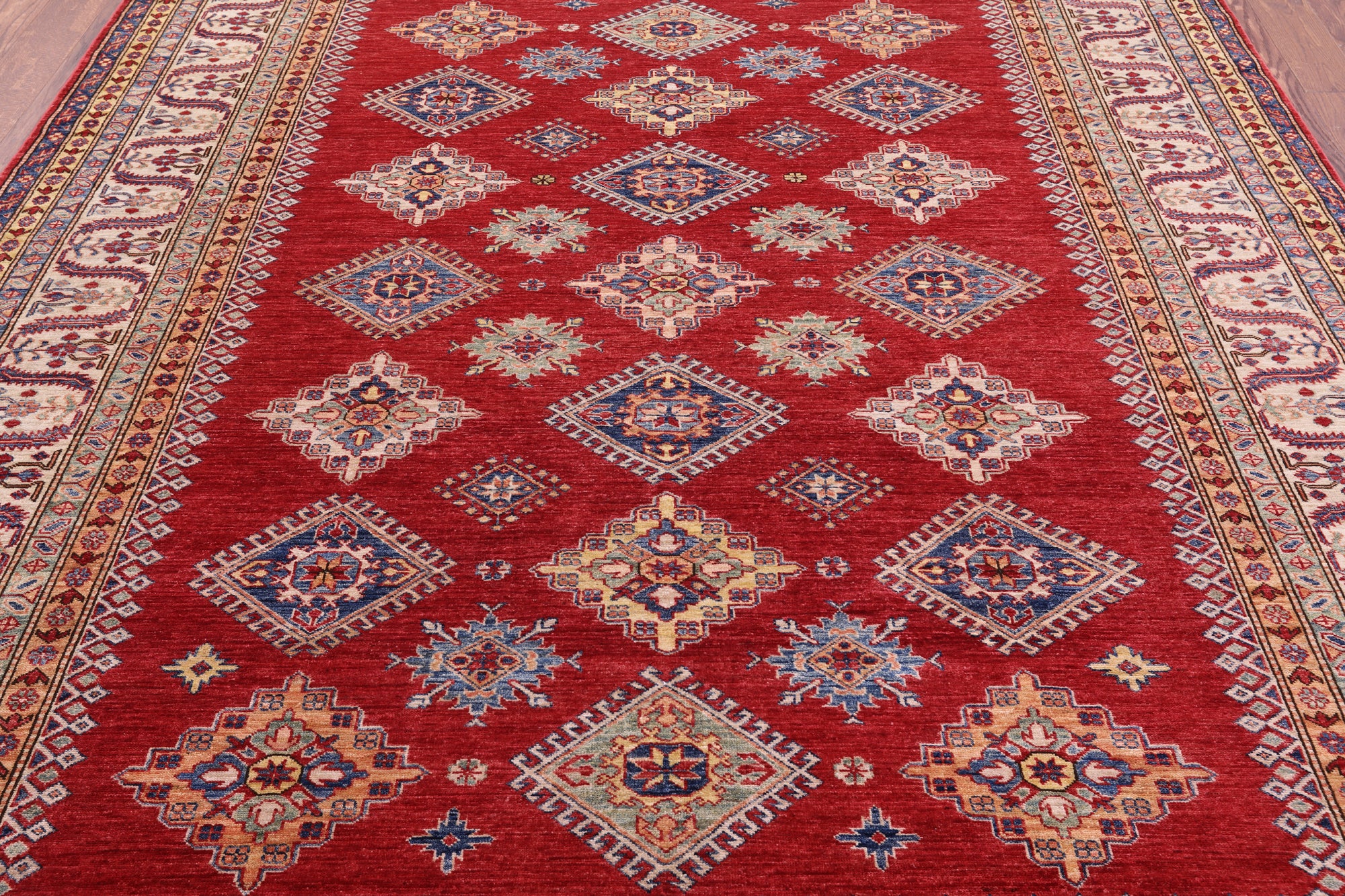 Red Super Kazak Handmade Wool Rug - 8' 1" X 9' 10" - Golden Nile