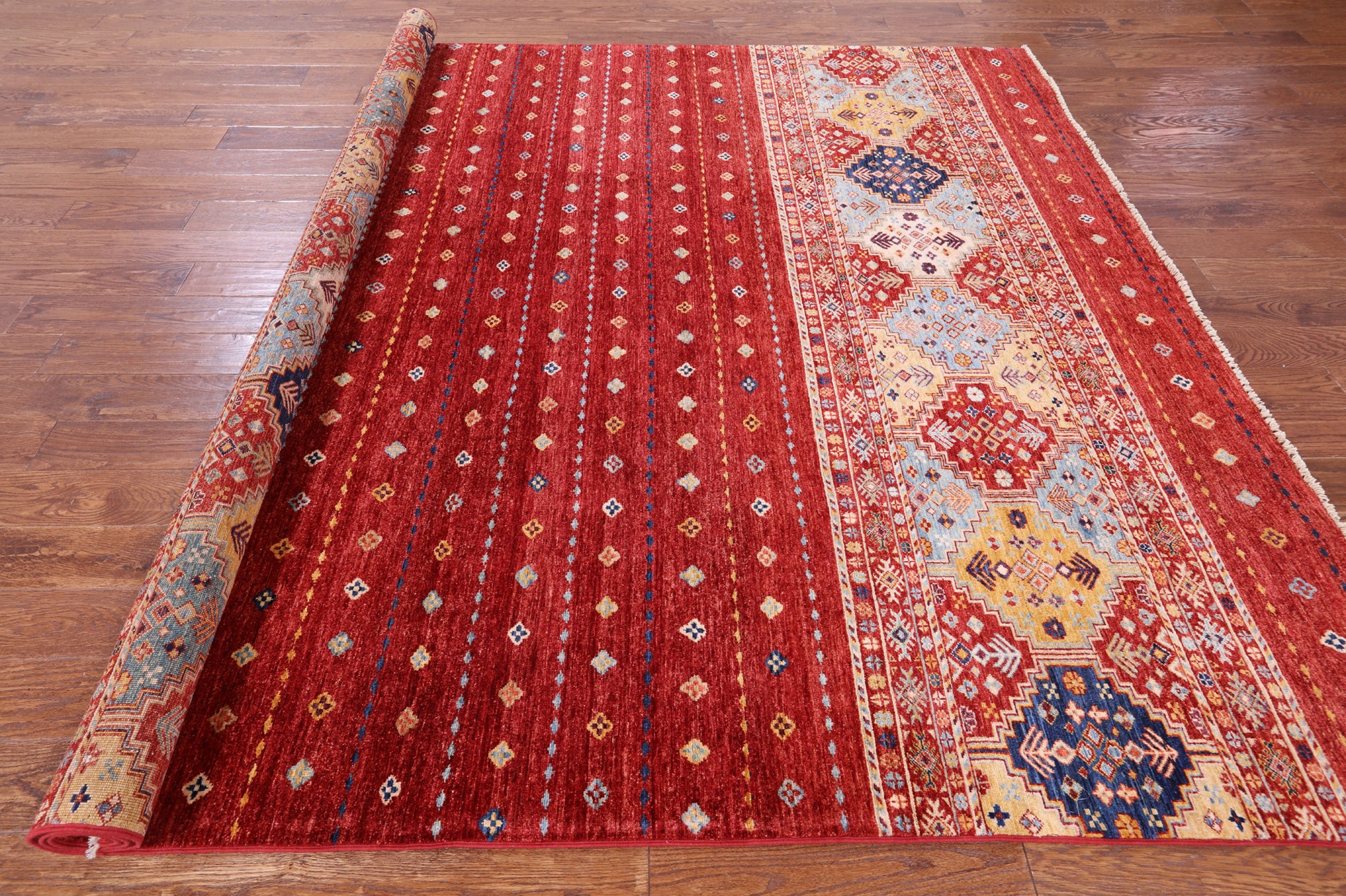 Red Khorjin Persian Gabbeh Handmade Wool Rug - 8' 2" X 9' 7" - Golden Nile