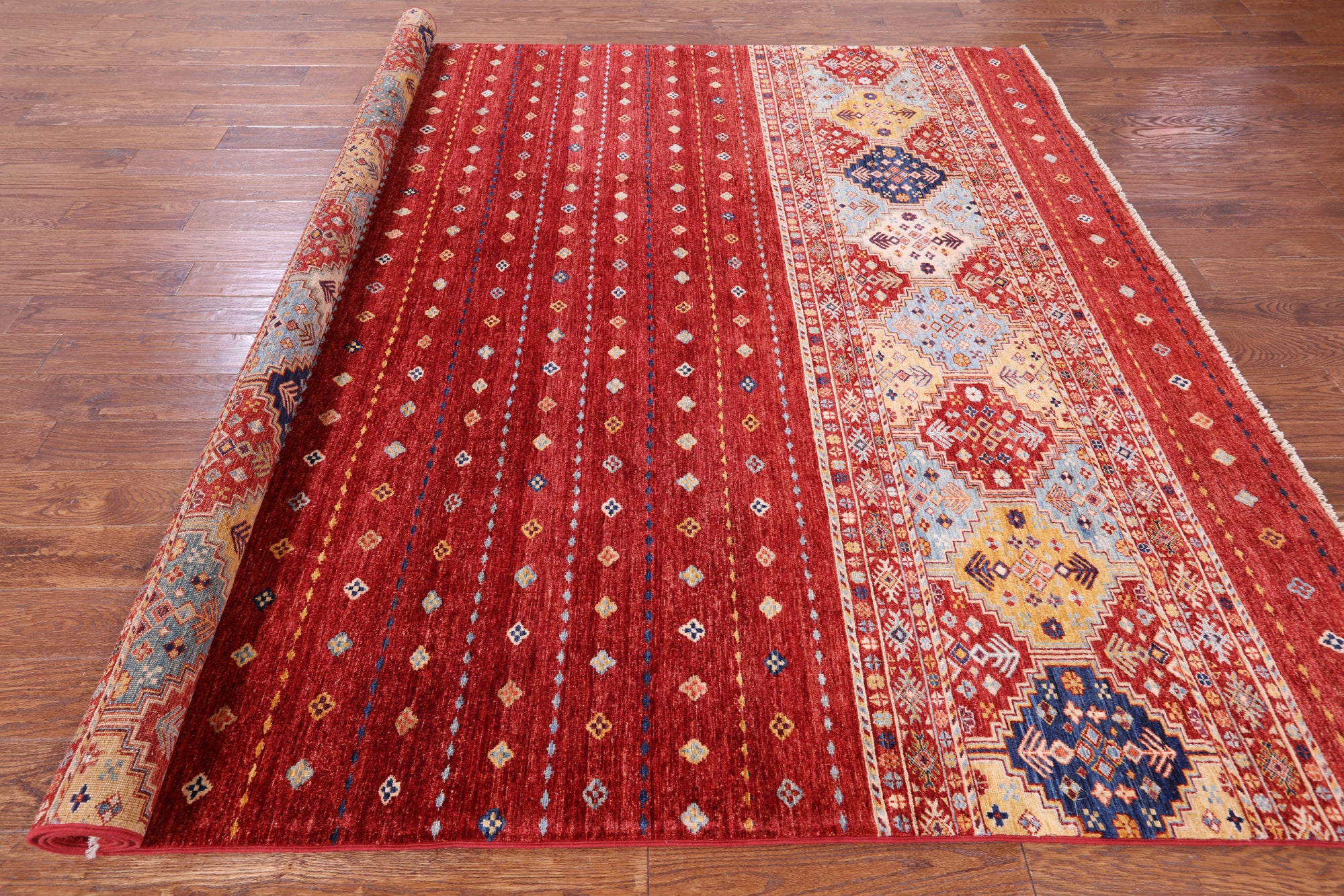Red Khorjin Persian Gabbeh Handmade Wool Rug - 8' 2" X 9' 7" - Golden Nile
