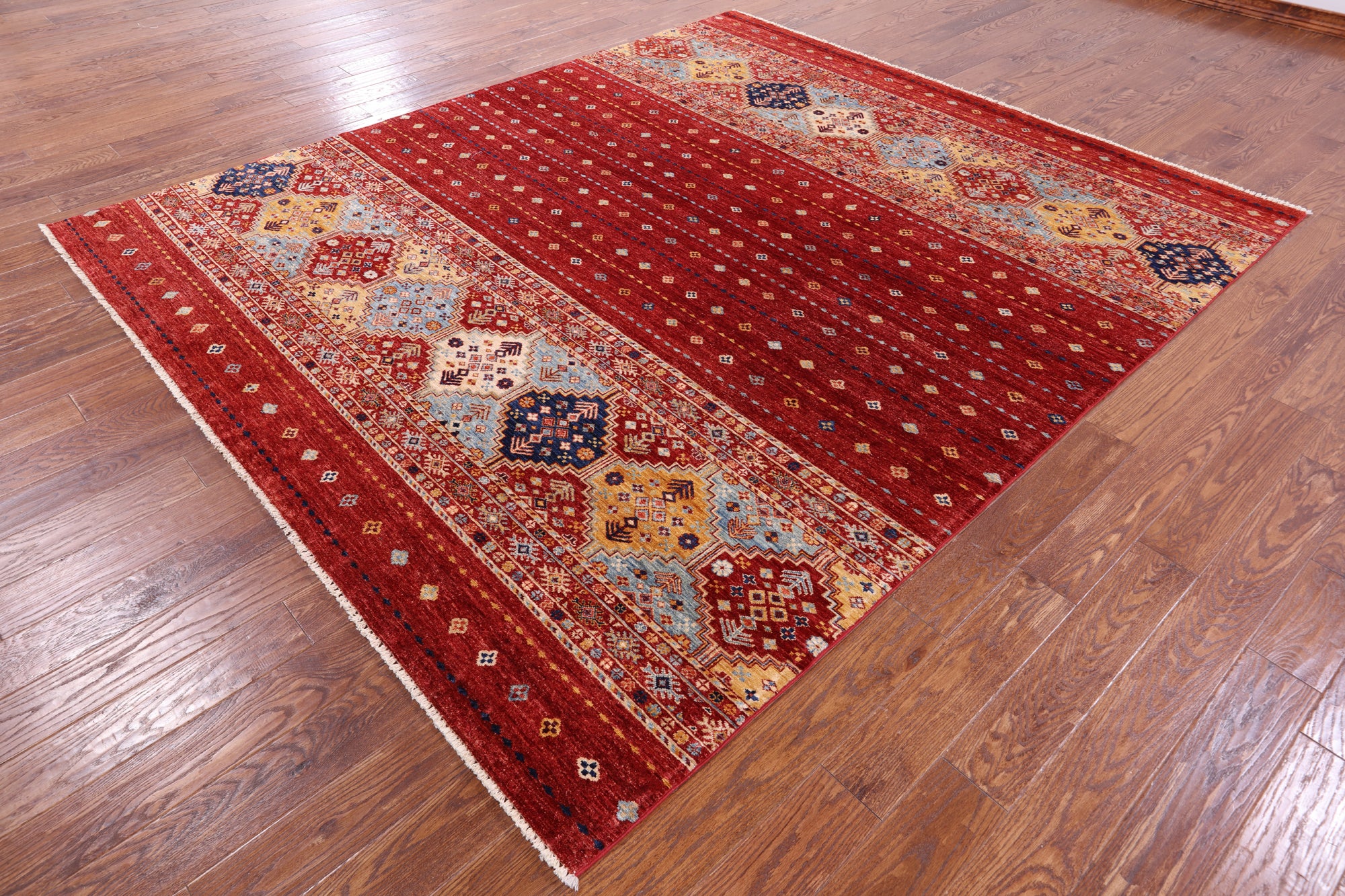 Red Khorjin Persian Gabbeh Handmade Wool Rug - 8' 2" X 9' 7" - Golden Nile