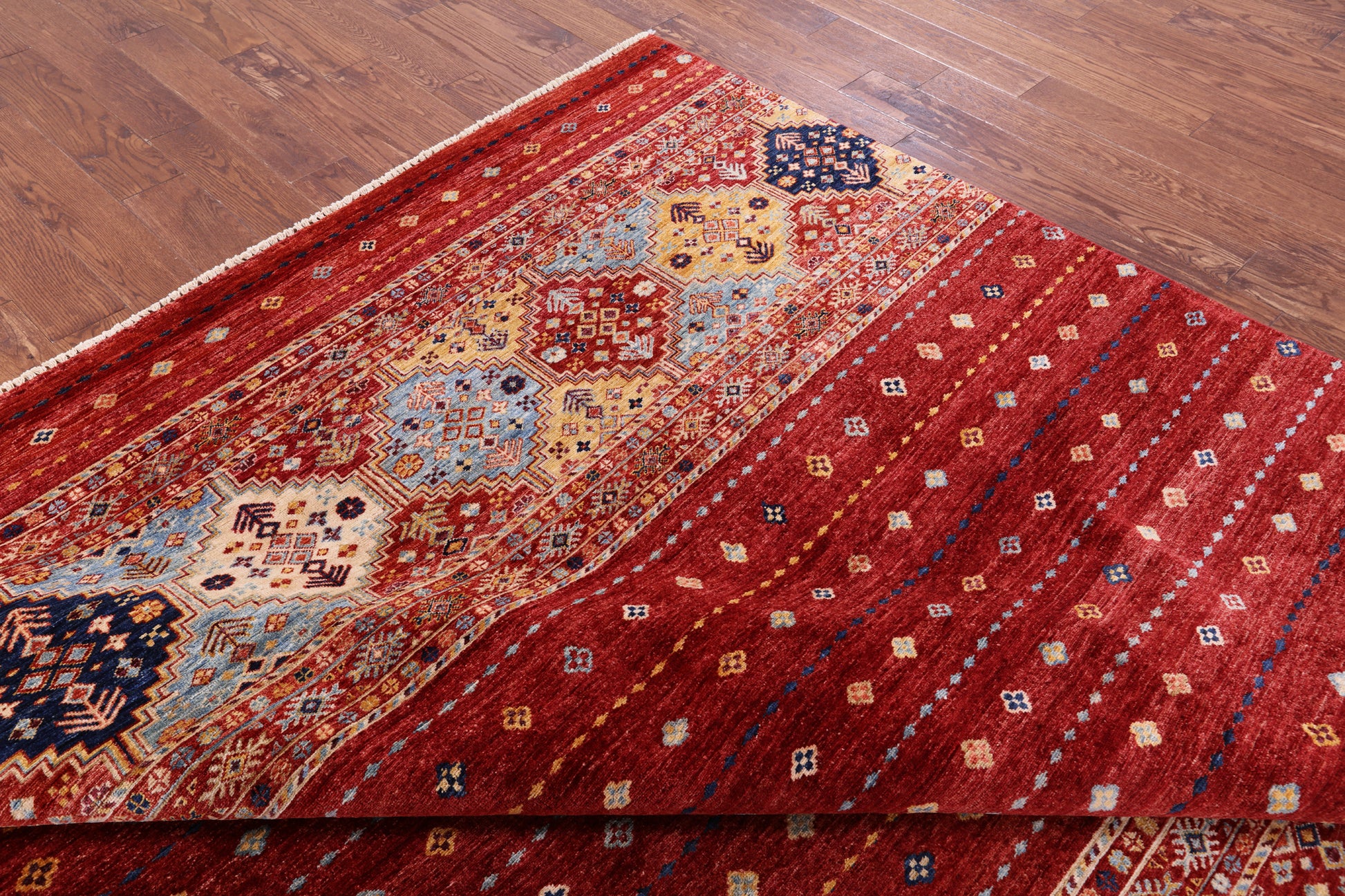 Red Khorjin Persian Gabbeh Handmade Wool Rug - 8' 2" X 9' 7" - Golden Nile