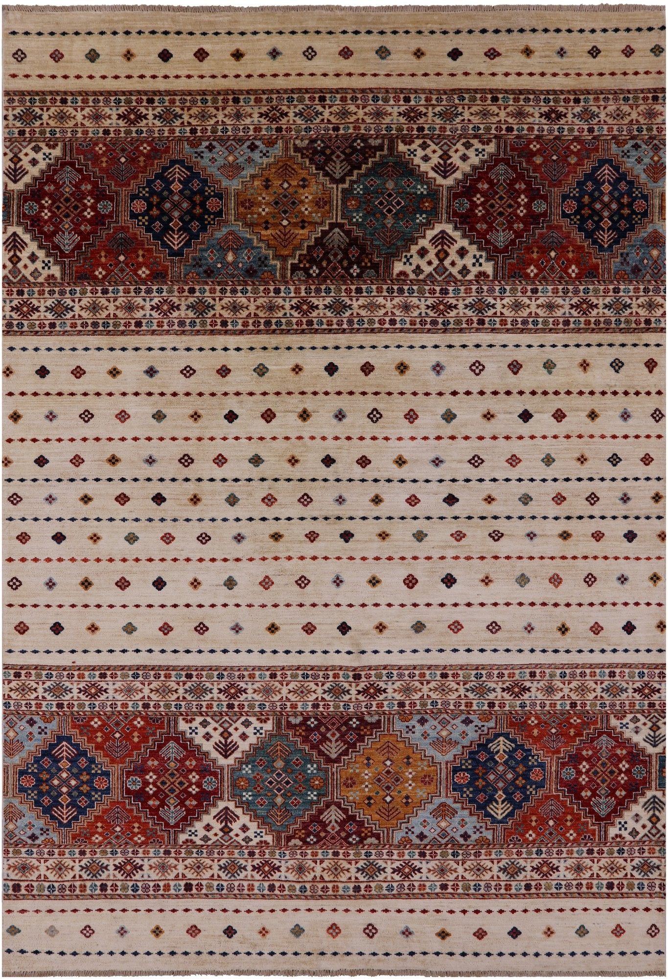 Ivory Khorjin Persian Gabbeh Hand Knotted Wool Rug - 6' 7" X 9' 6" - Golden Nile