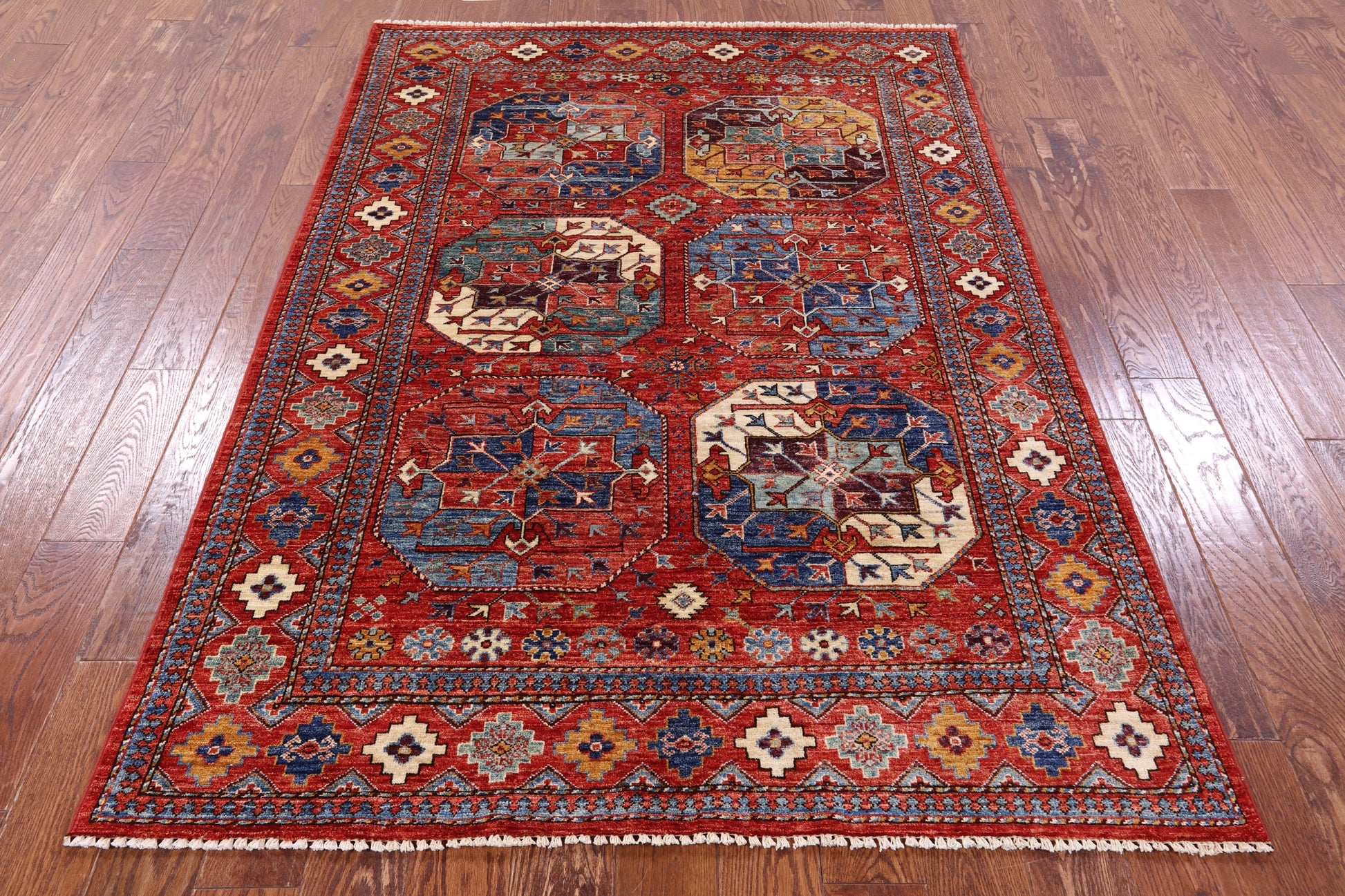 Red Turkmen Ersari Hand Knotted Wool Rug - 4' 10" X 7' 0" - Golden Nile