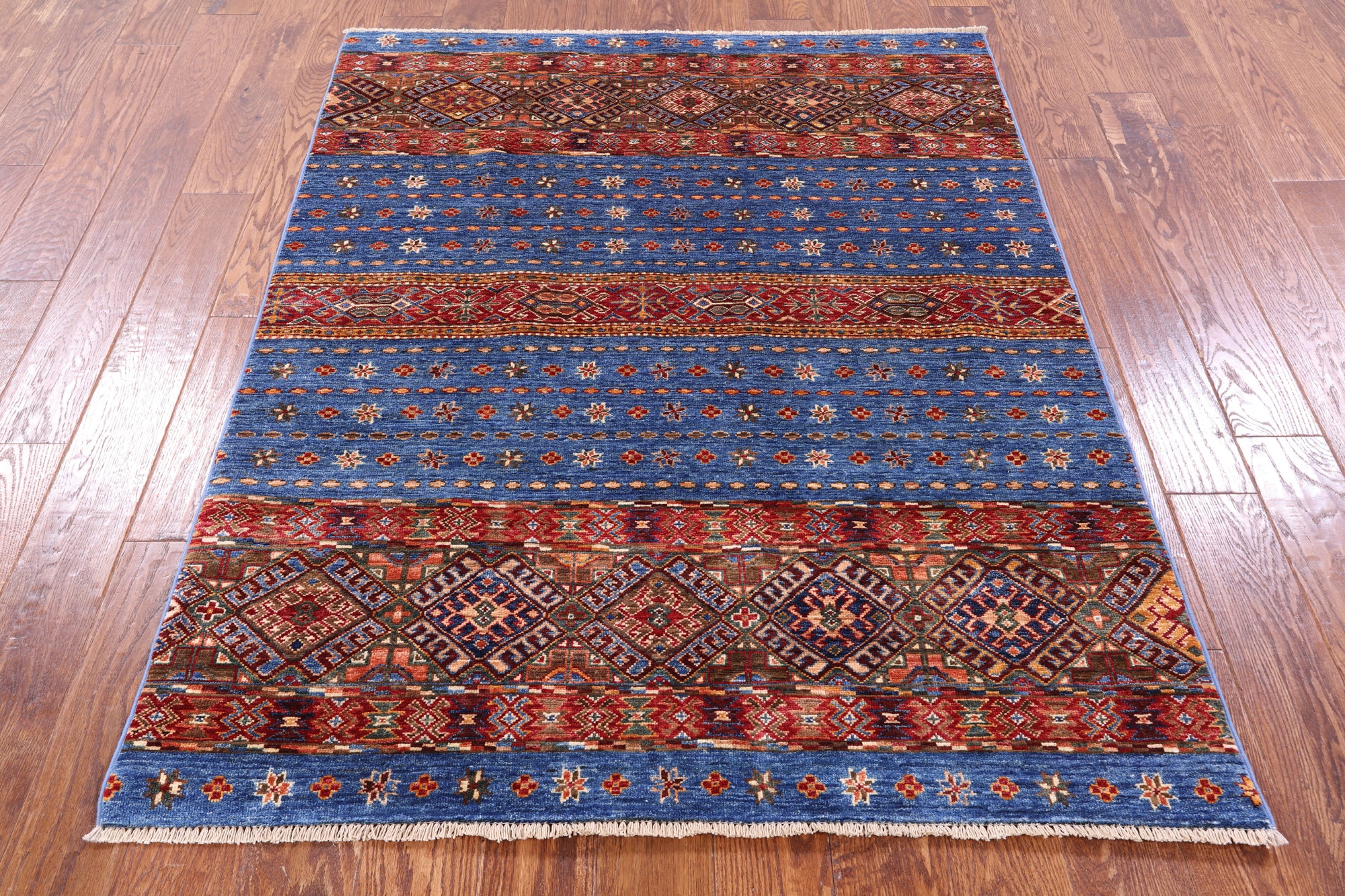 Blue Khorjin Persian Gabbeh Hand Knotted Wool Rug - 4' 3" X 5' 5" - Golden Nile