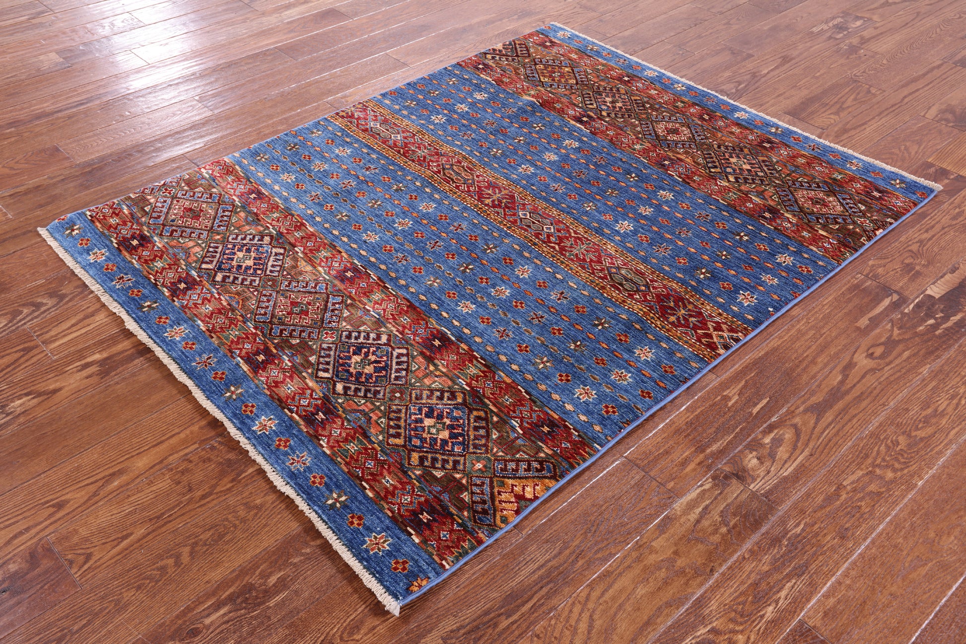 Blue Khorjin Persian Gabbeh Hand Knotted Wool Rug - 4' 3" X 5' 5" - Golden Nile