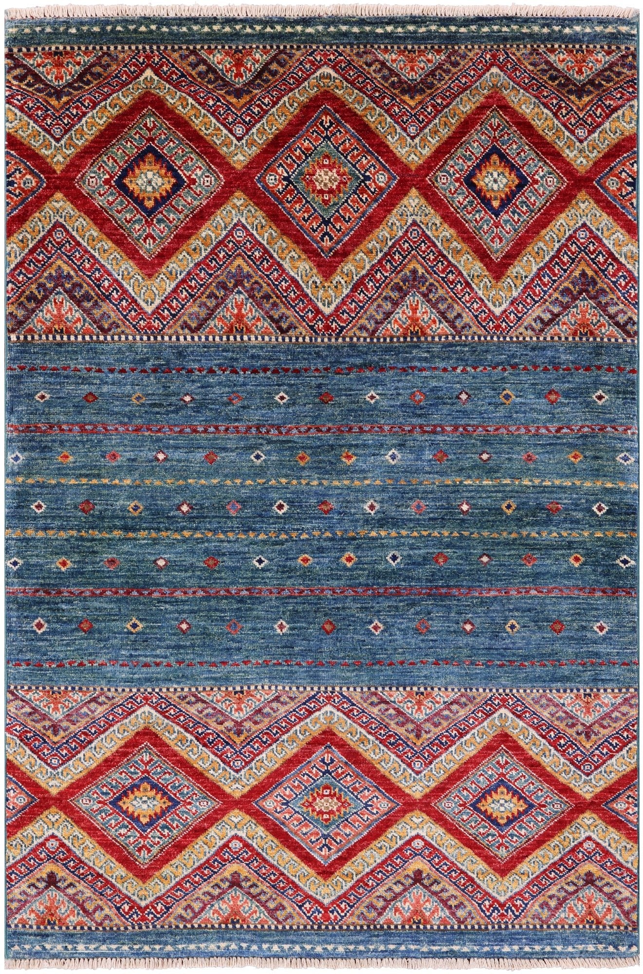 Green Khorjin Persian Gabbeh Hand Knotted Wool Rug - 3' 5" X 5' 0" - Golden Nile