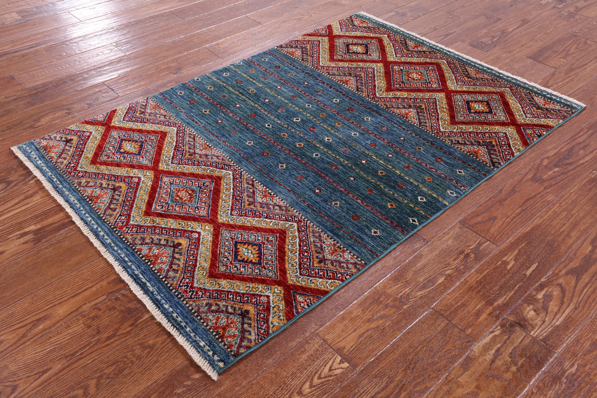 Green Khorjin Persian Gabbeh Hand Knotted Wool Rug - 3' 5" X 5' 0" - Golden Nile