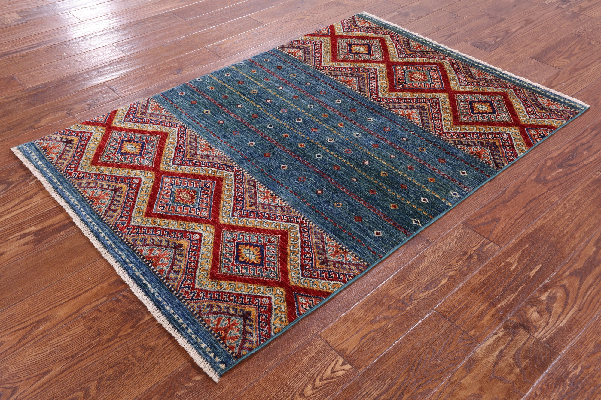 Green Khorjin Persian Gabbeh Hand Knotted Wool Rug - 3' 5" X 5' 0" - Golden Nile