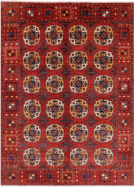 Red Turkmen Ersari Hand Knotted Wool Rug - 5' 8" X 7' 6" - Golden Nile