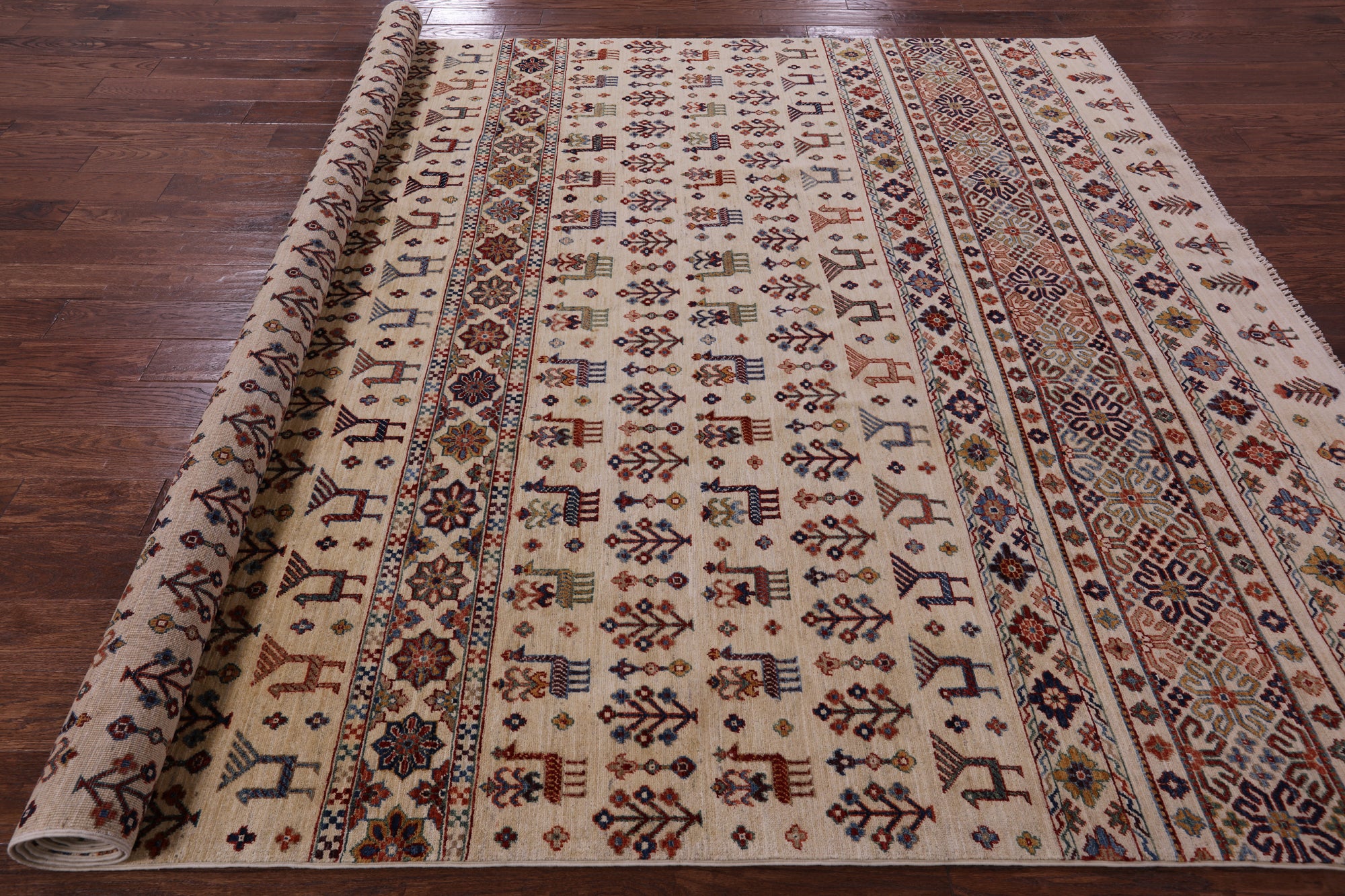 Ivory Tribal Persian Gabbeh Hand Knotted Wool Rug - 8' 1" X 11' 3" - Golden Nile