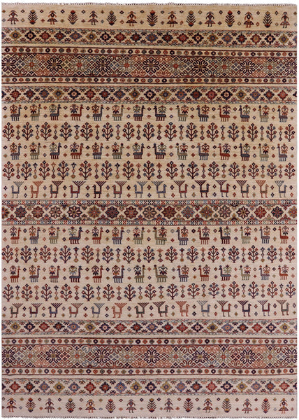 Ivory Tribal Persian Gabbeh Hand Knotted Wool Rug - 8' 1" X 11' 3" - Golden Nile