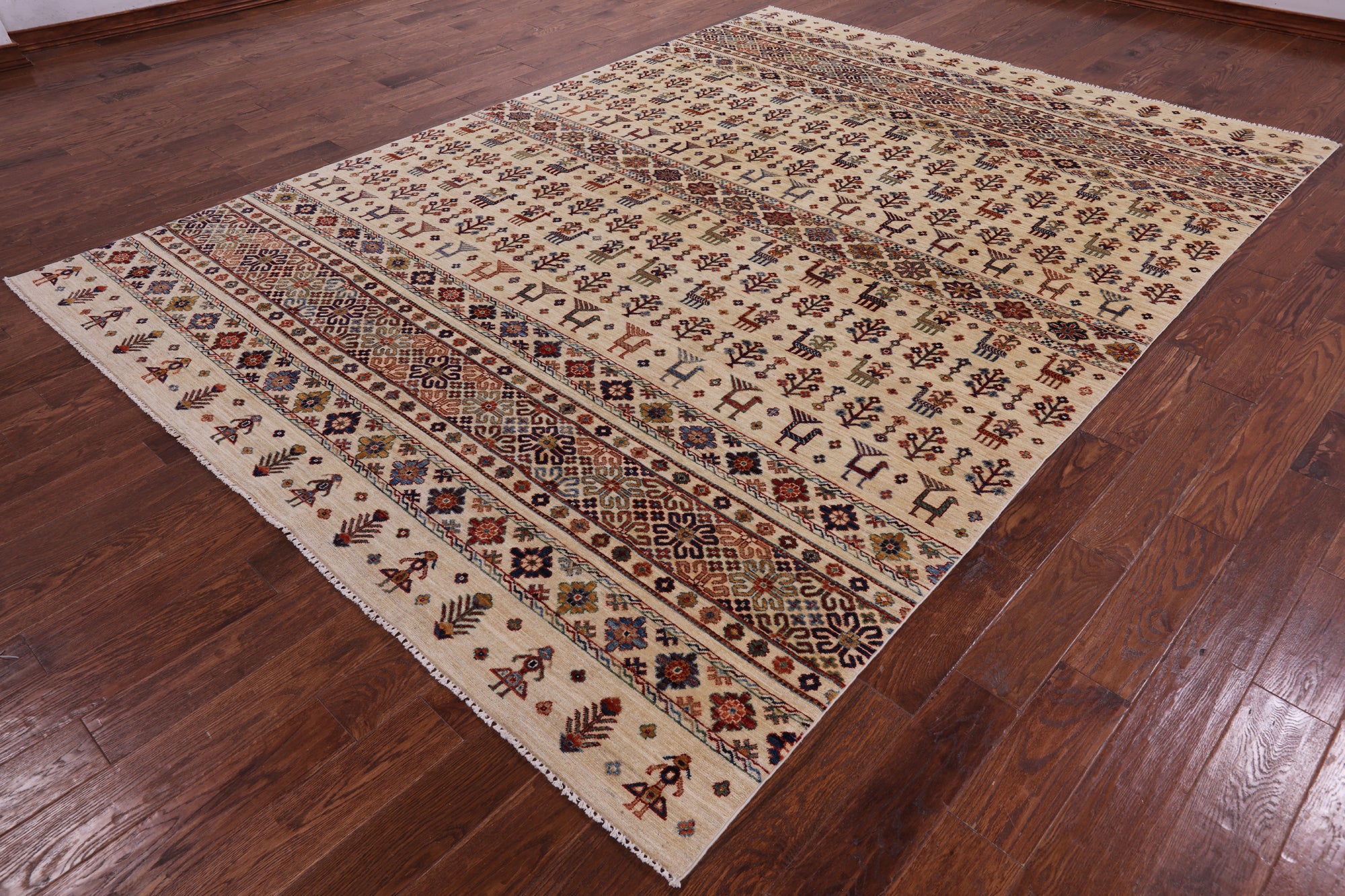Ivory Tribal Persian Gabbeh Hand Knotted Wool Rug - 8' 1" X 11' 3" - Golden Nile