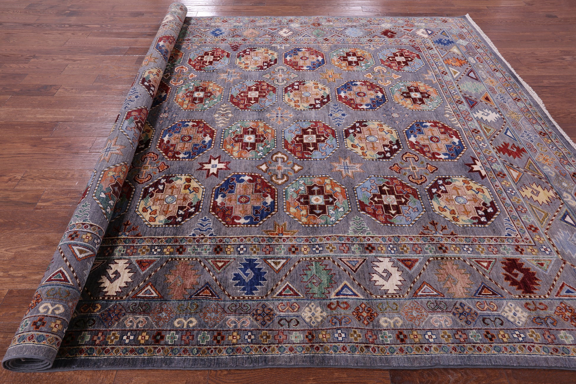 Grey Turkmen Ersari Hand Knotted Wool Rug - 8' 11" X 11' 9" - Golden Nile