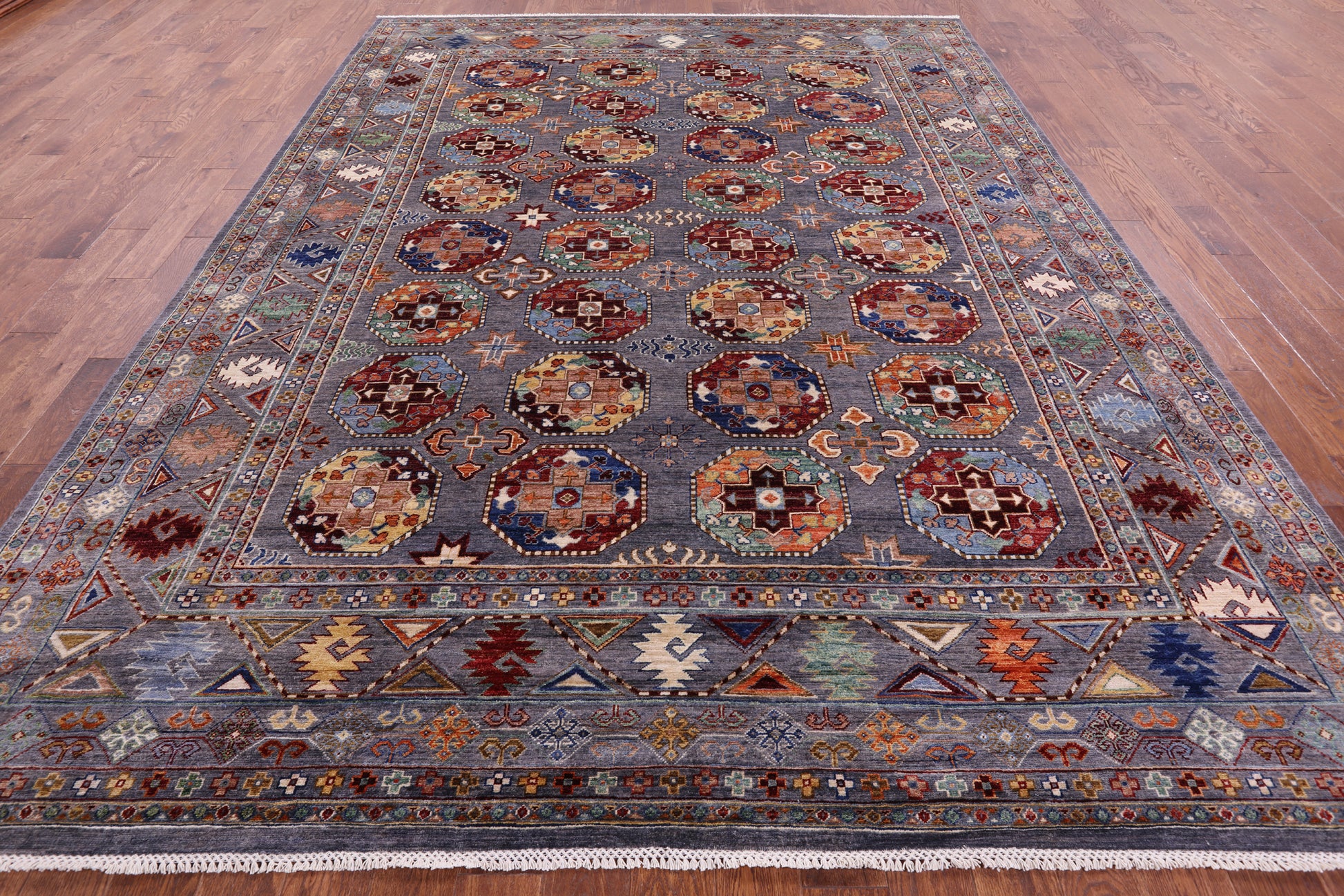 Grey Turkmen Ersari Hand Knotted Wool Rug - 8' 11" X 11' 9" - Golden Nile