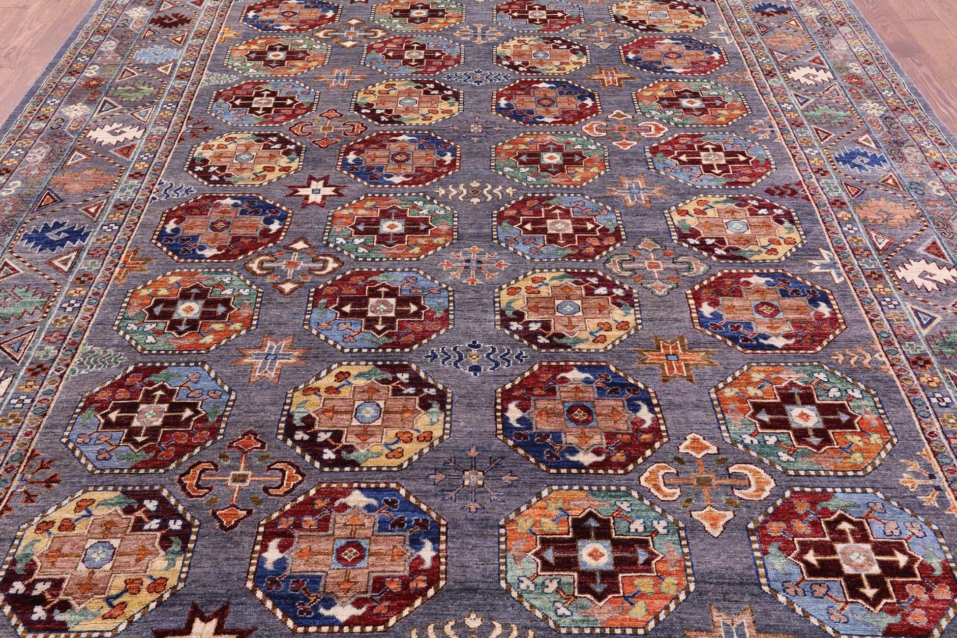 Grey Turkmen Ersari Hand Knotted Wool Rug - 8' 11" X 11' 9" - Golden Nile