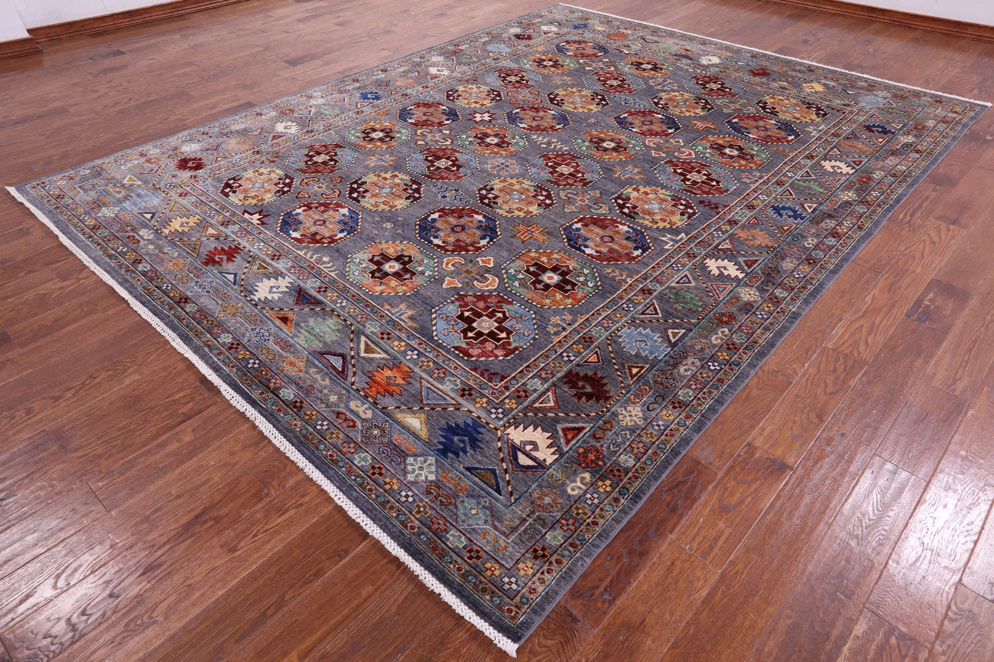 Grey Turkmen Ersari Hand Knotted Wool Rug - 8' 11" X 11' 9" - Golden Nile