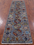 Blue Turkmen Ersari Hand Knotted Wool Runner Rug - 2' 10" X 9' 10" - Golden Nile