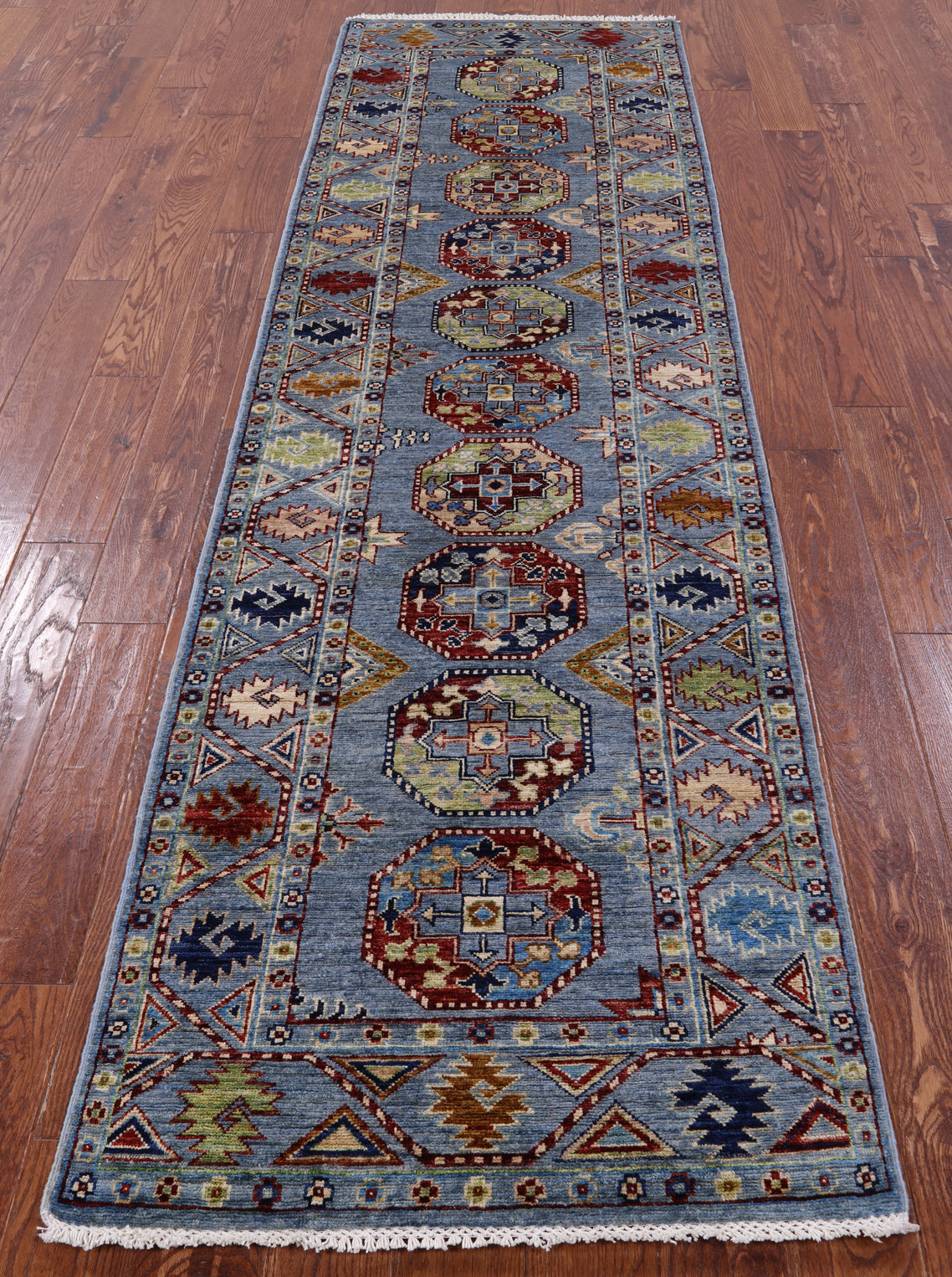 Blue Turkmen Ersari Hand Knotted Wool Runner Rug - 2' 10" X 9' 10" - Golden Nile