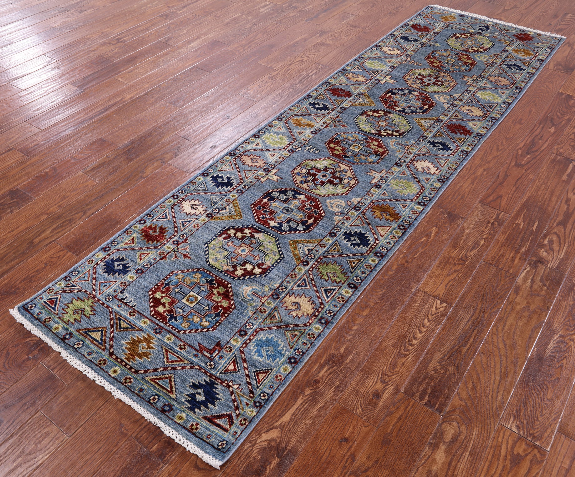Blue Turkmen Ersari Hand Knotted Wool Runner Rug - 2' 10" X 9' 10" - Golden Nile