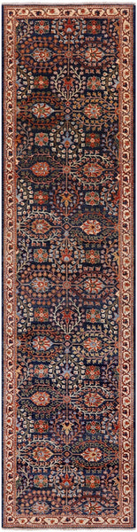 Blue Persian Fine Serapi Hand Knotted Wool Runner Rug - 2' 9" X 11' 1" - Golden Nile