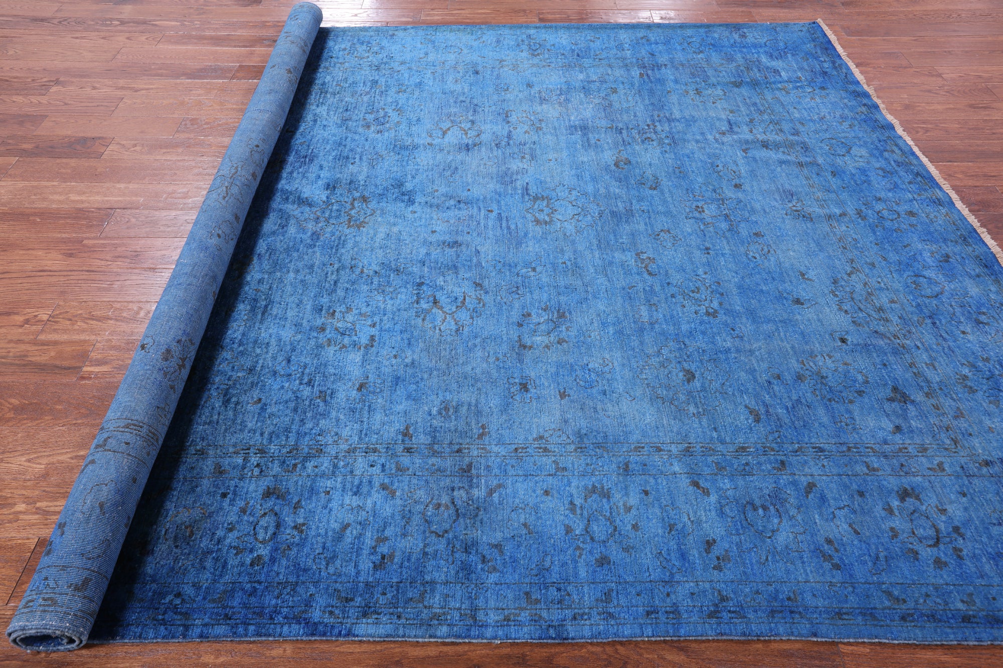 Blue Full Pile Overdyed Hand Knotted Wool Rug - 8' 1" X 9' 6" - Golden Nile